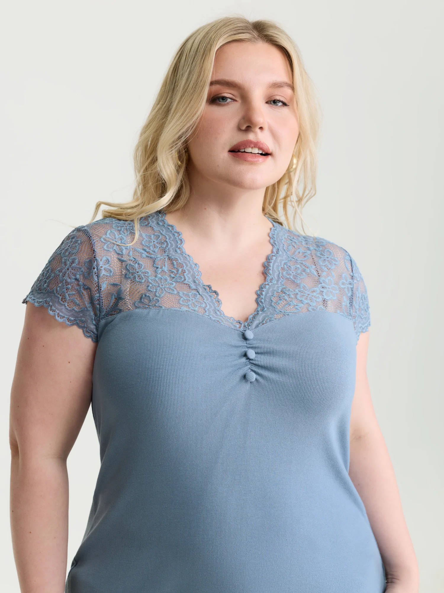 Sheer Lace Neckline Shirred Knit Top - Image 9