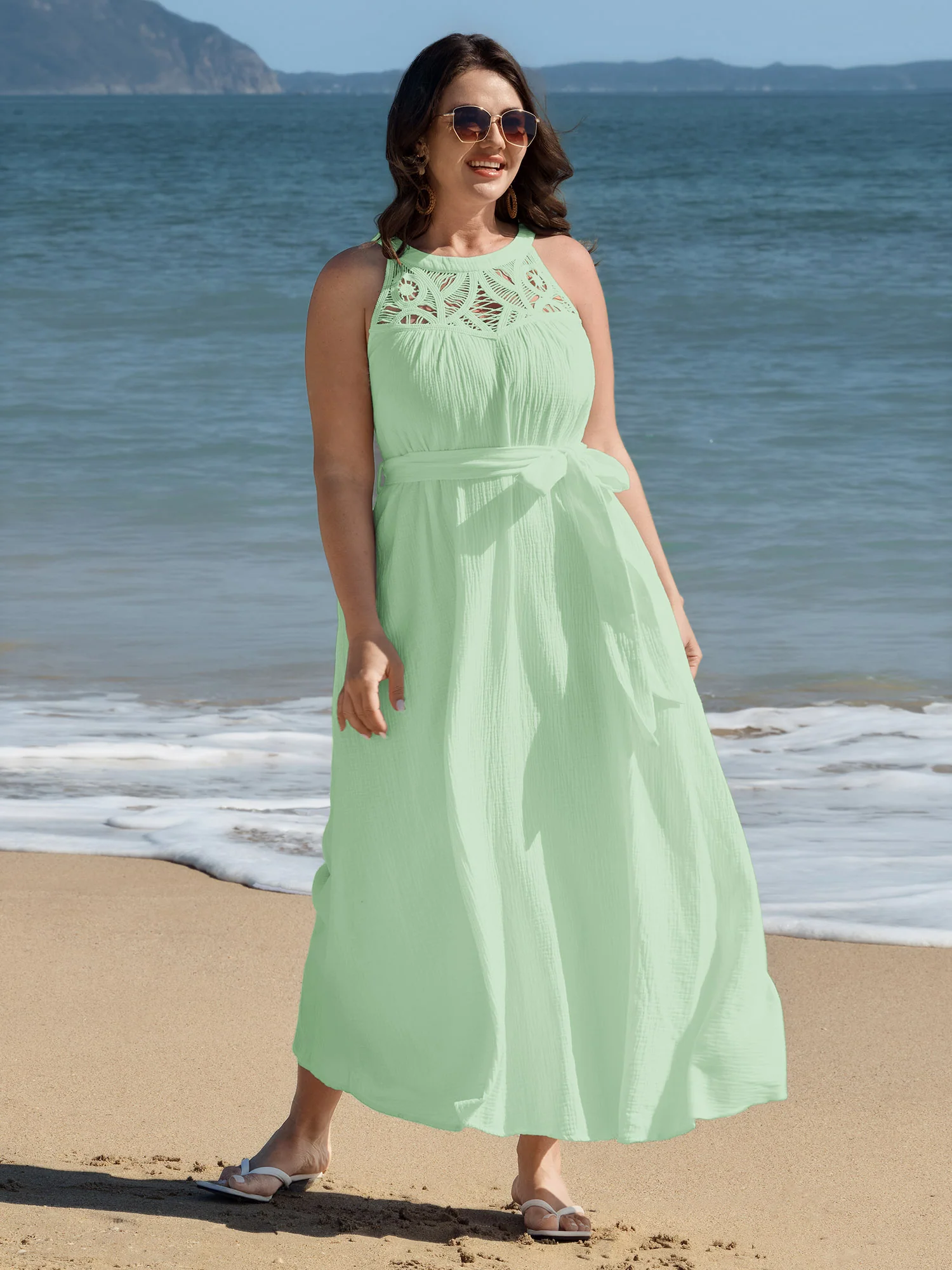 Cotton Sheer Lace Neckline Waist-Tie Maxi Dress - Image 10