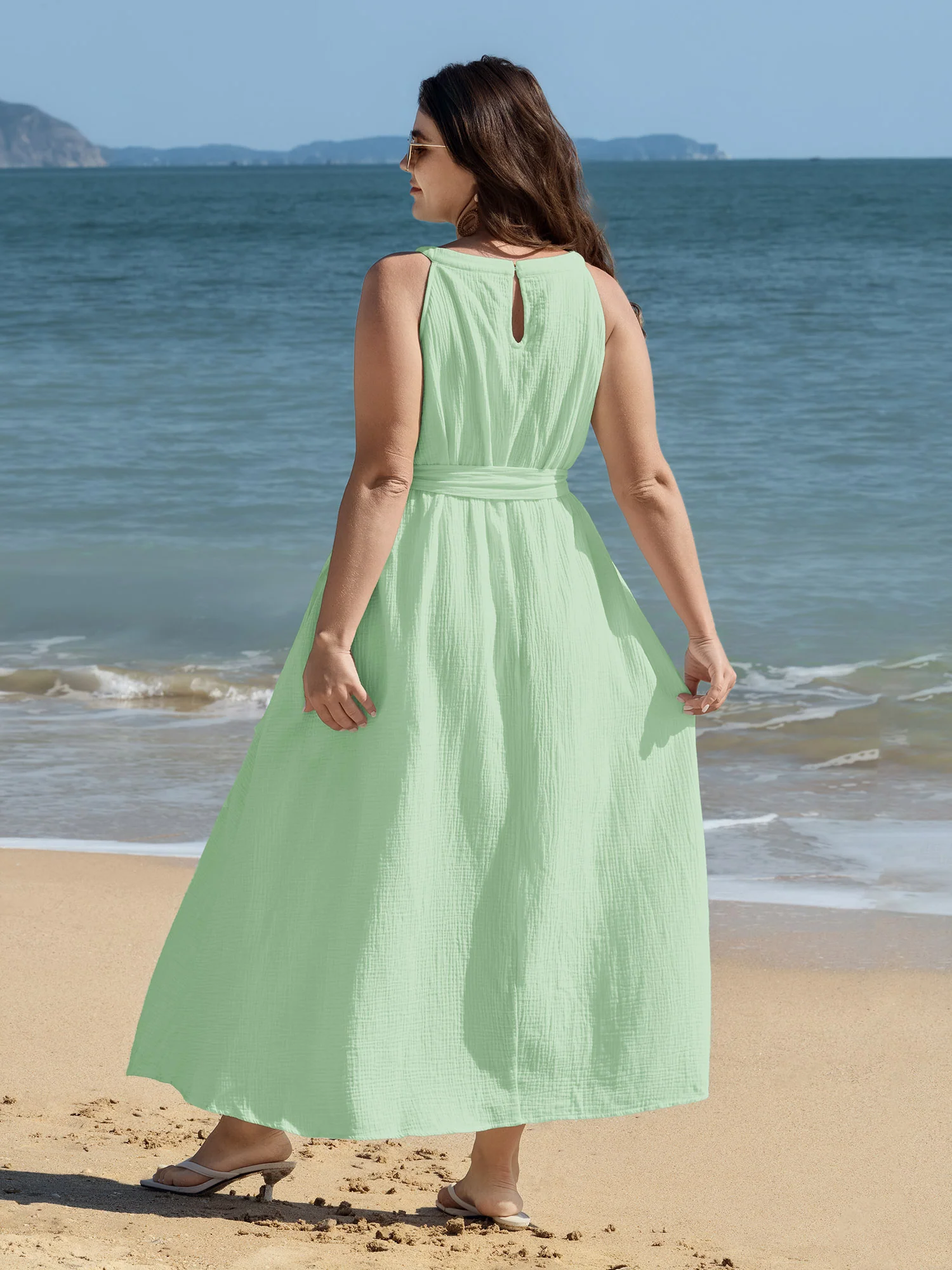 Cotton Sheer Lace Neckline Waist-Tie Maxi Dress - Image 11