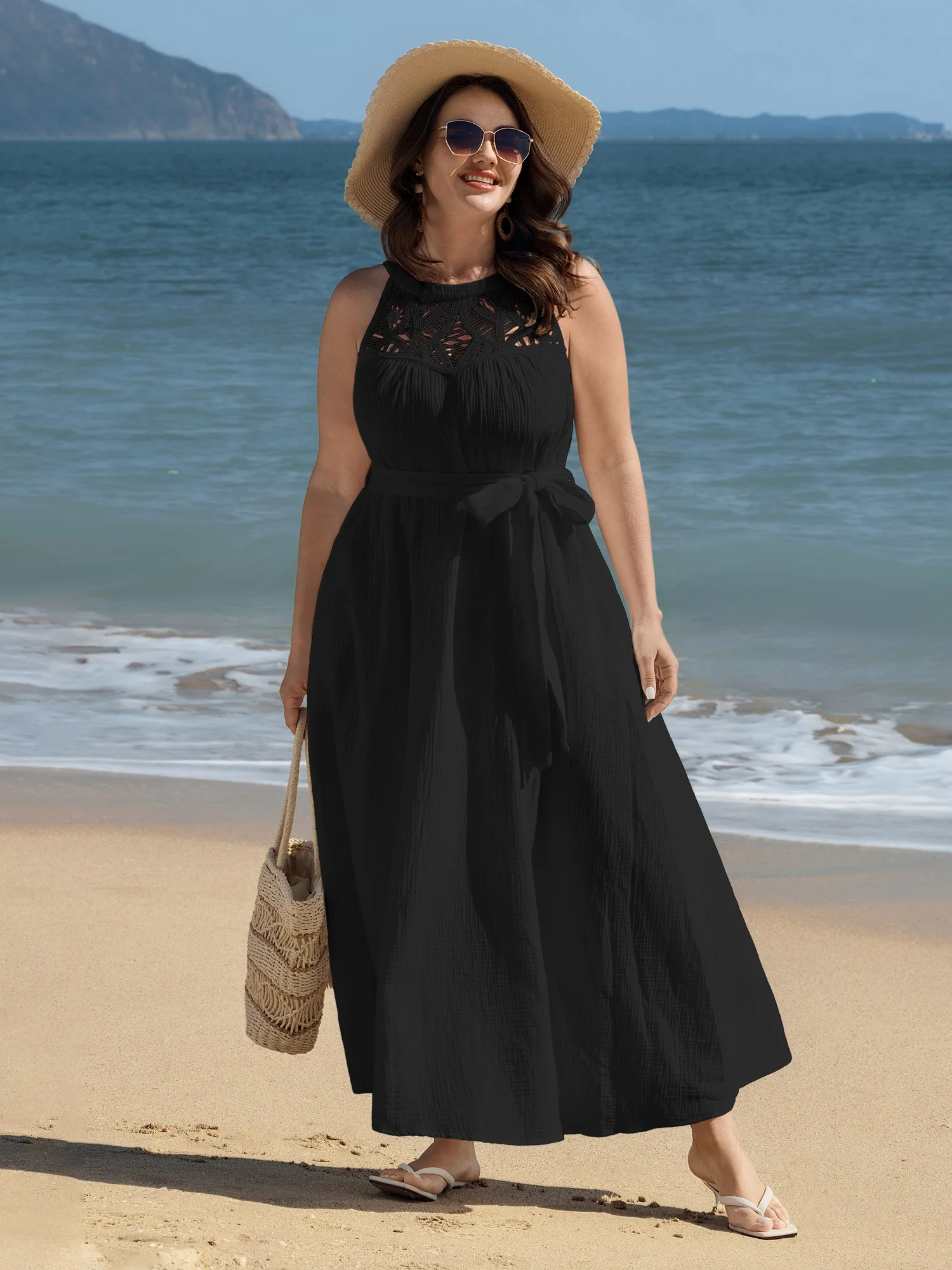 Cotton Sheer Lace Neckline Waist-Tie Maxi Dress - Image 12