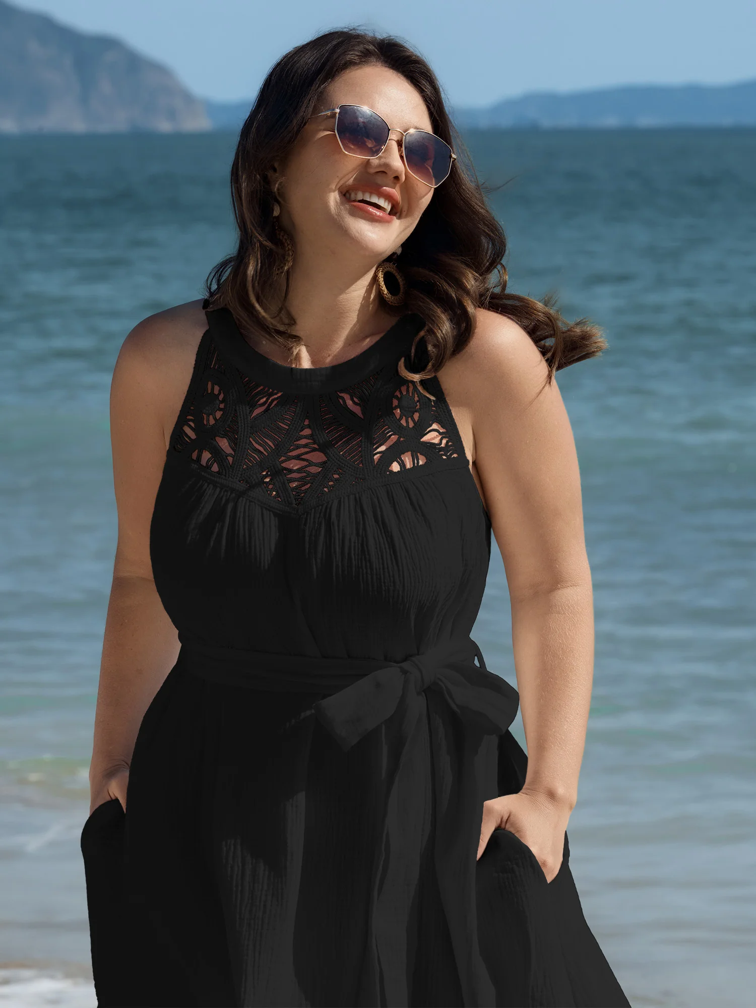 Cotton Sheer Lace Neckline Waist-Tie Maxi Dress - Image 13