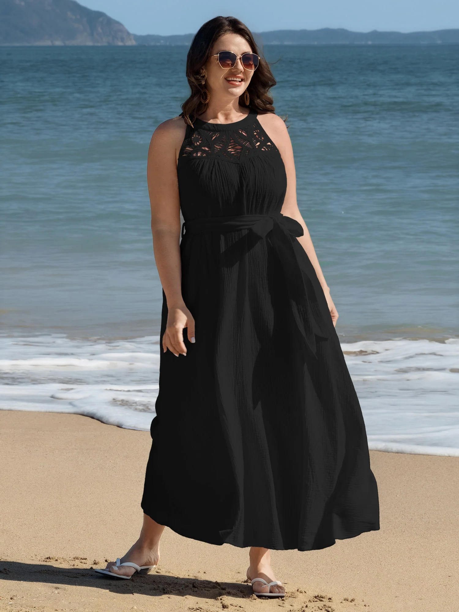 Cotton Sheer Lace Neckline Waist-Tie Maxi Dress - Image 14