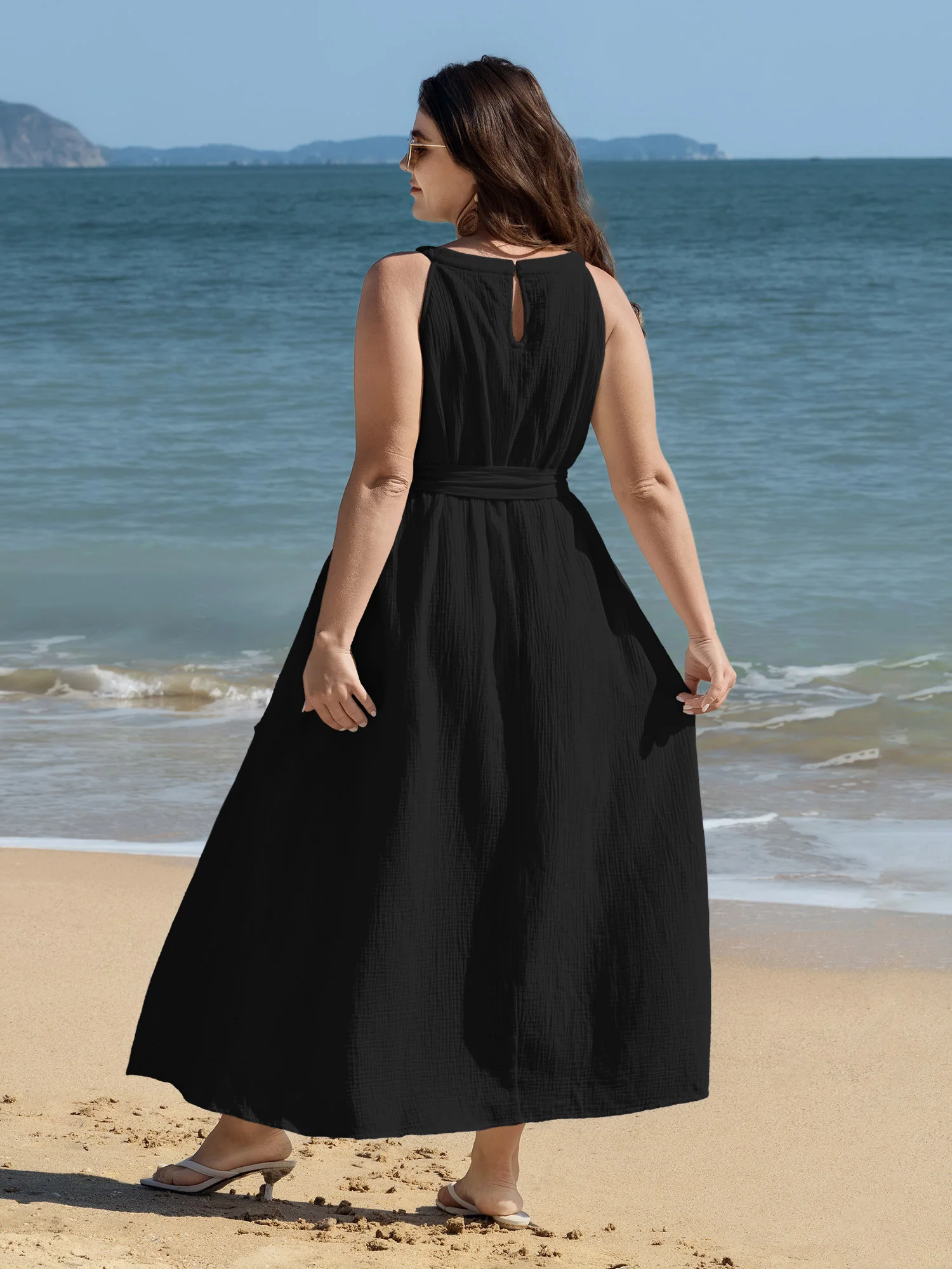 Cotton Sheer Lace Neckline Waist-Tie Maxi Dress - Image 15