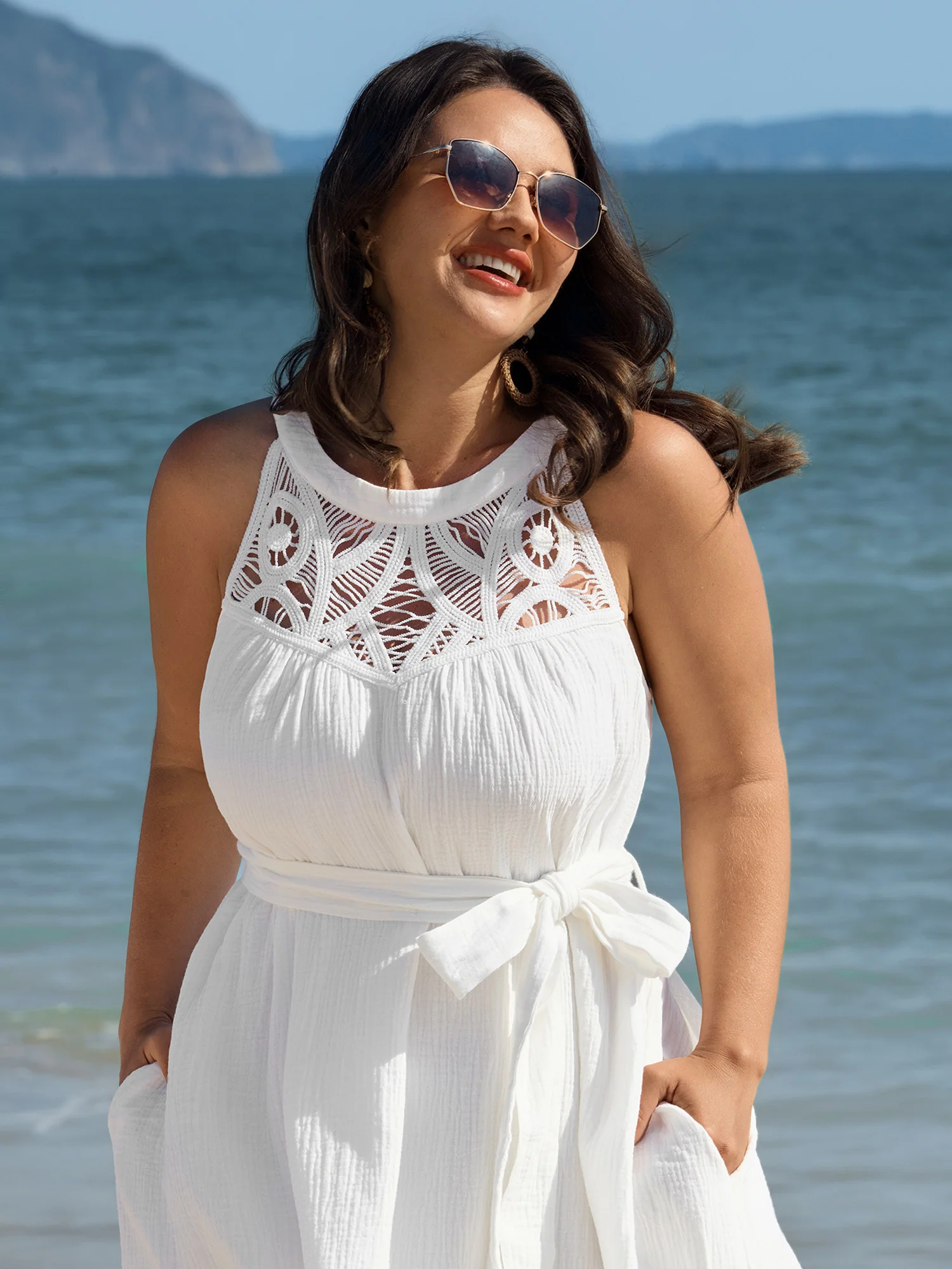 Cotton Sheer Lace Neckline Waist-Tie Maxi Dress - Image 2