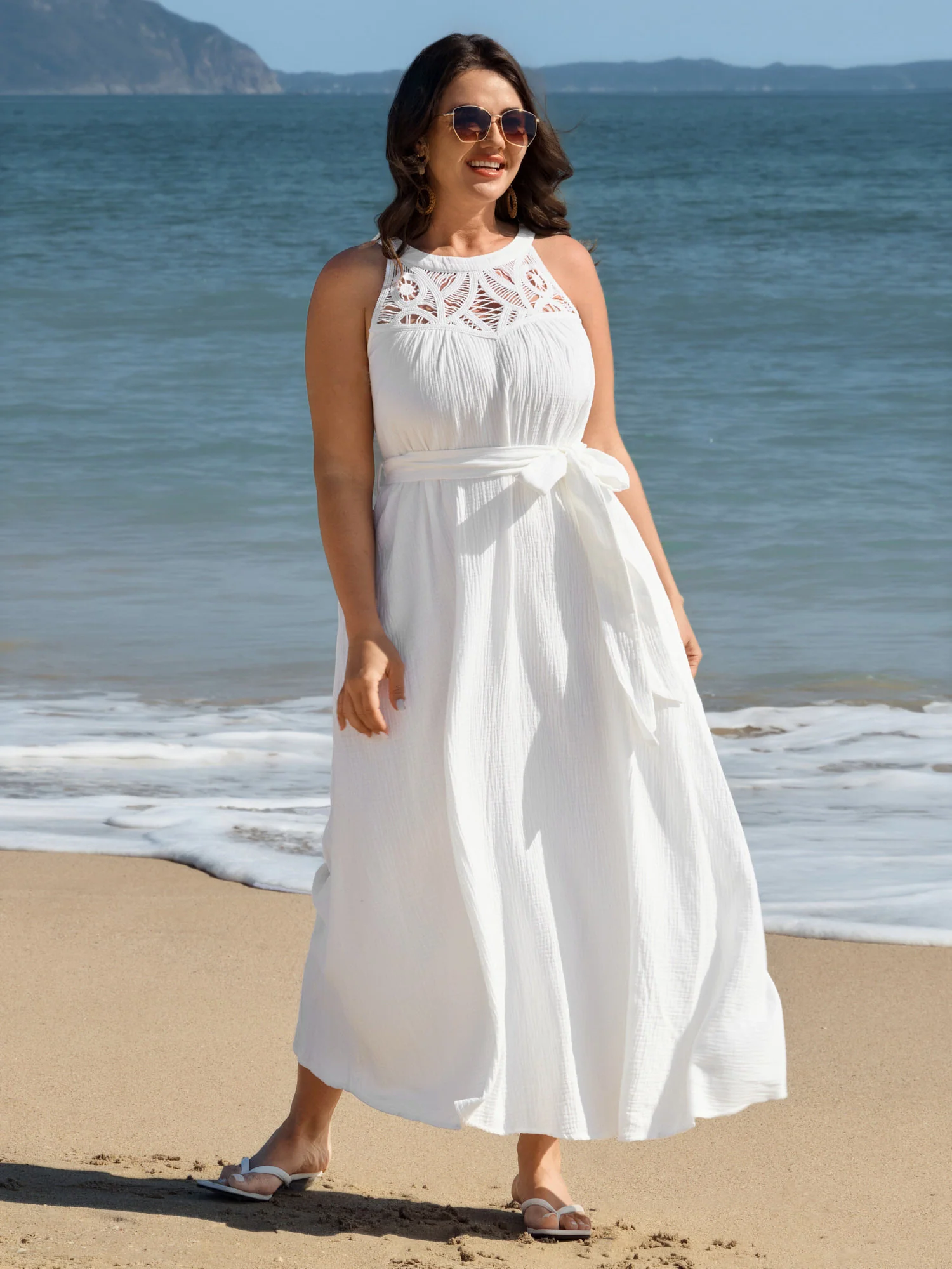 Cotton Sheer Lace Neckline Waist-Tie Maxi Dress - Image 3