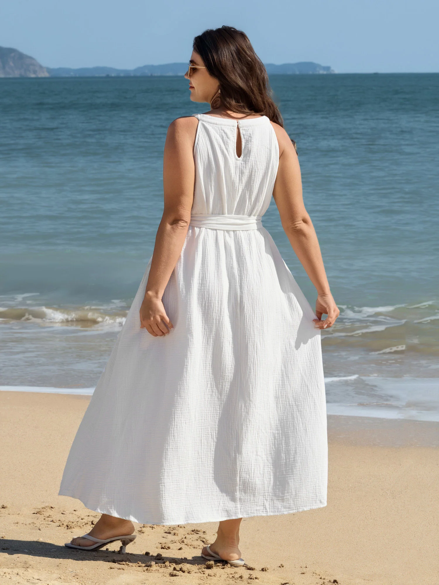 Cotton Sheer Lace Neckline Waist-Tie Maxi Dress - Image 4