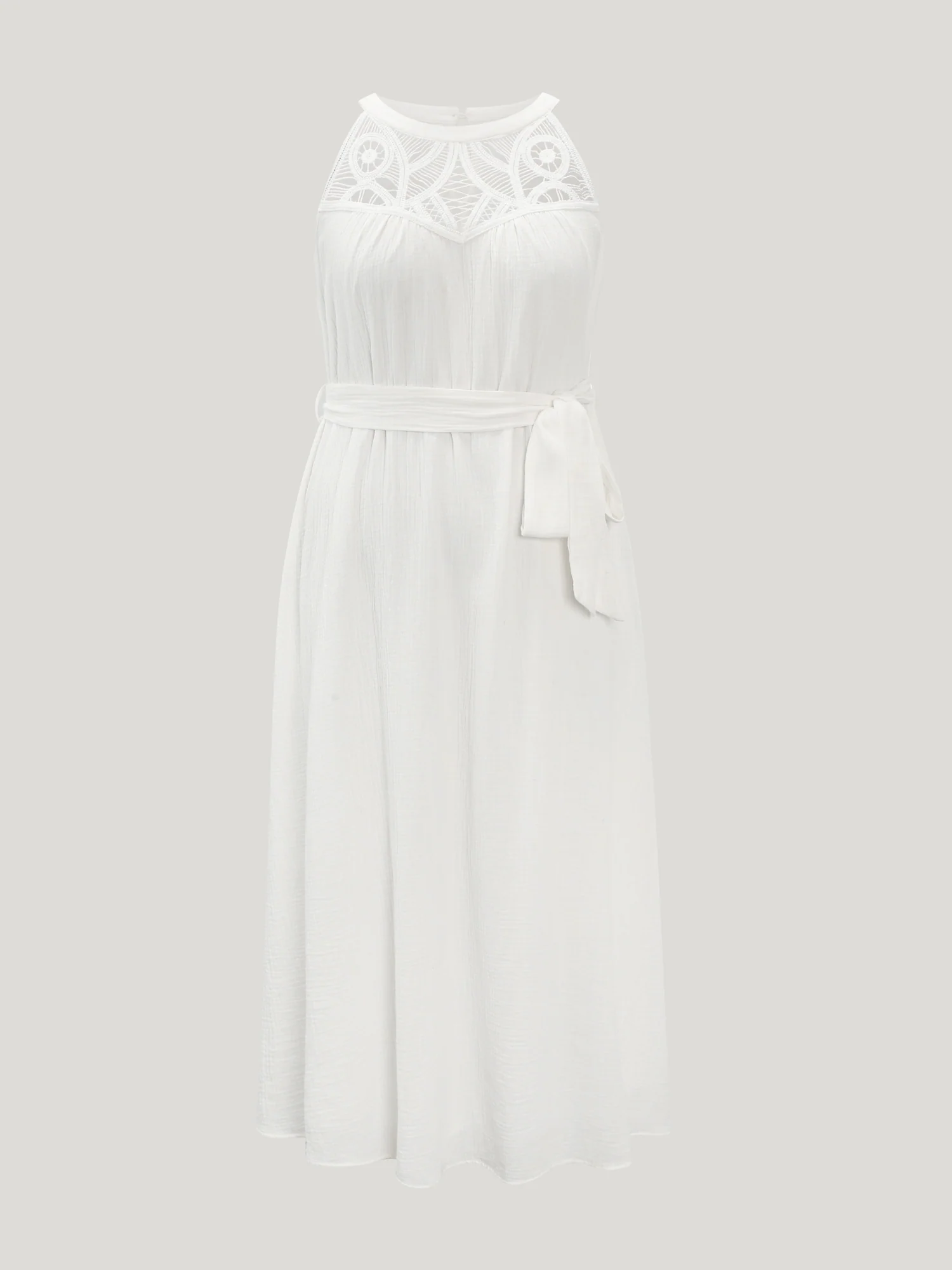 Cotton Sheer Lace Neckline Waist-Tie Maxi Dress - Image 7