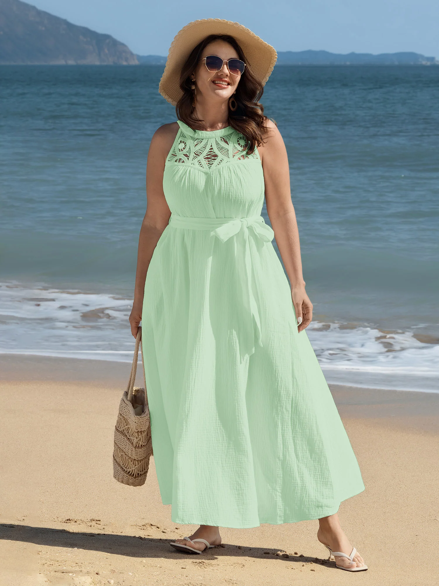 Cotton Sheer Lace Neckline Waist-Tie Maxi Dress - Image 8