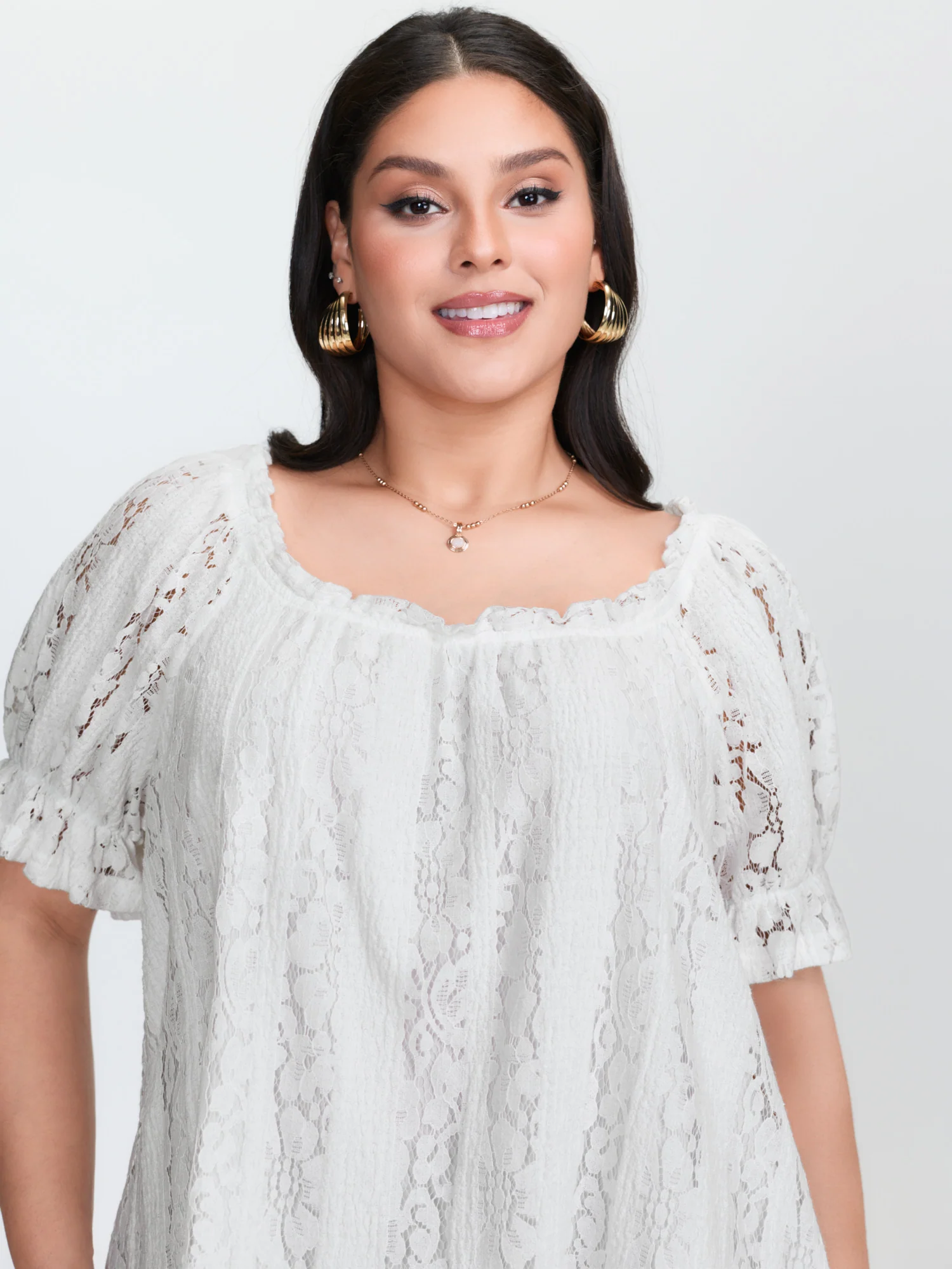 Sheer Lace Panels Ruffled Neckline Blouse - Image 2