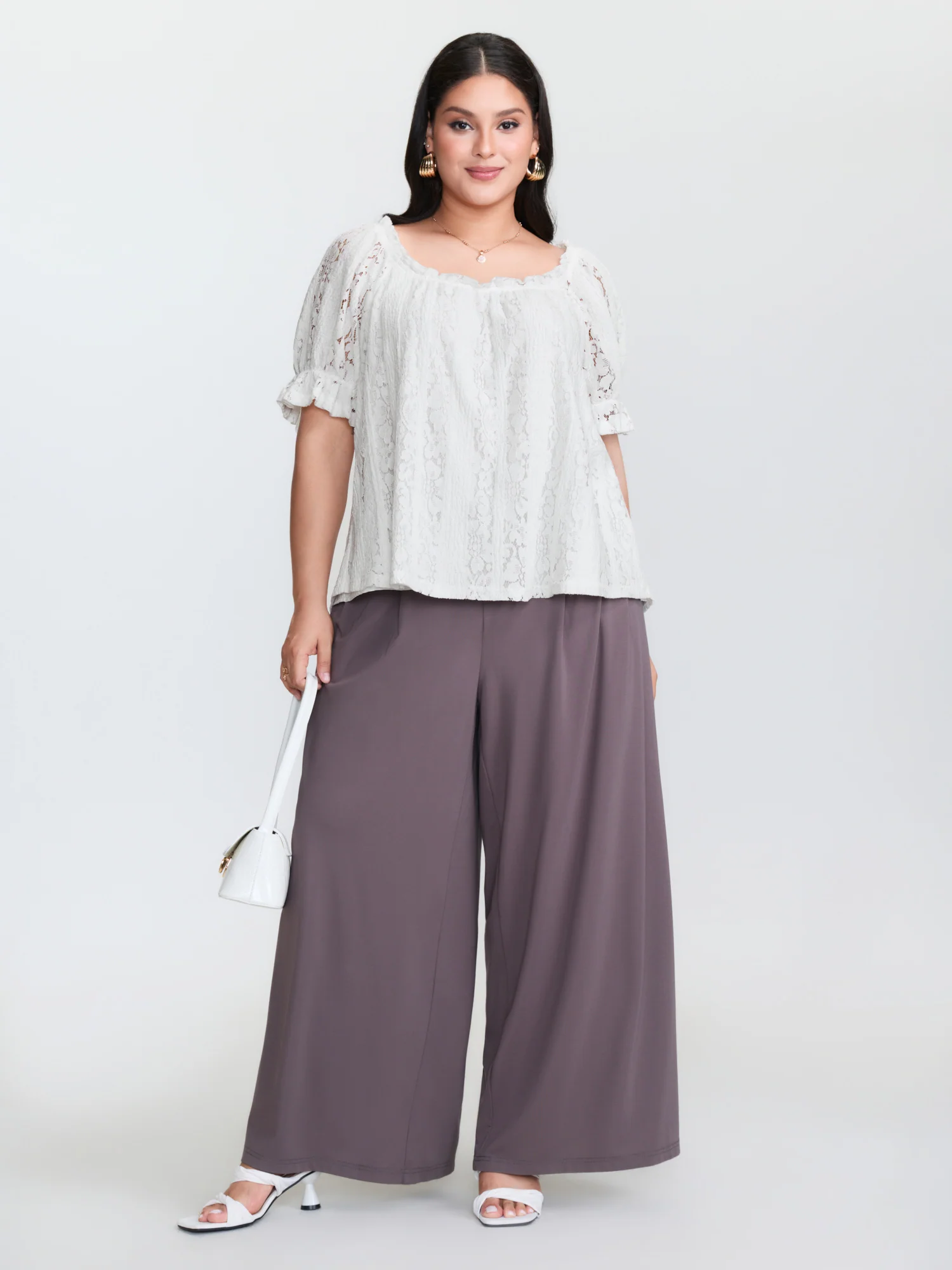 Sheer Lace Panels Ruffled Neckline Blouse - Image 3