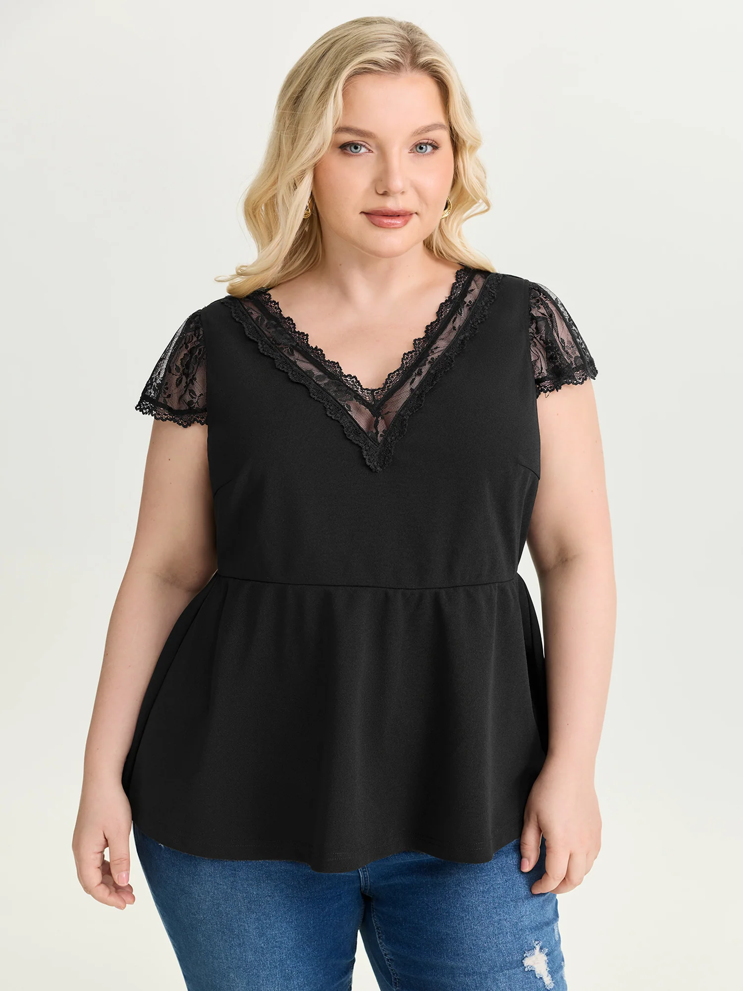 Sheer Lace Plain Knit Top - Image 2
