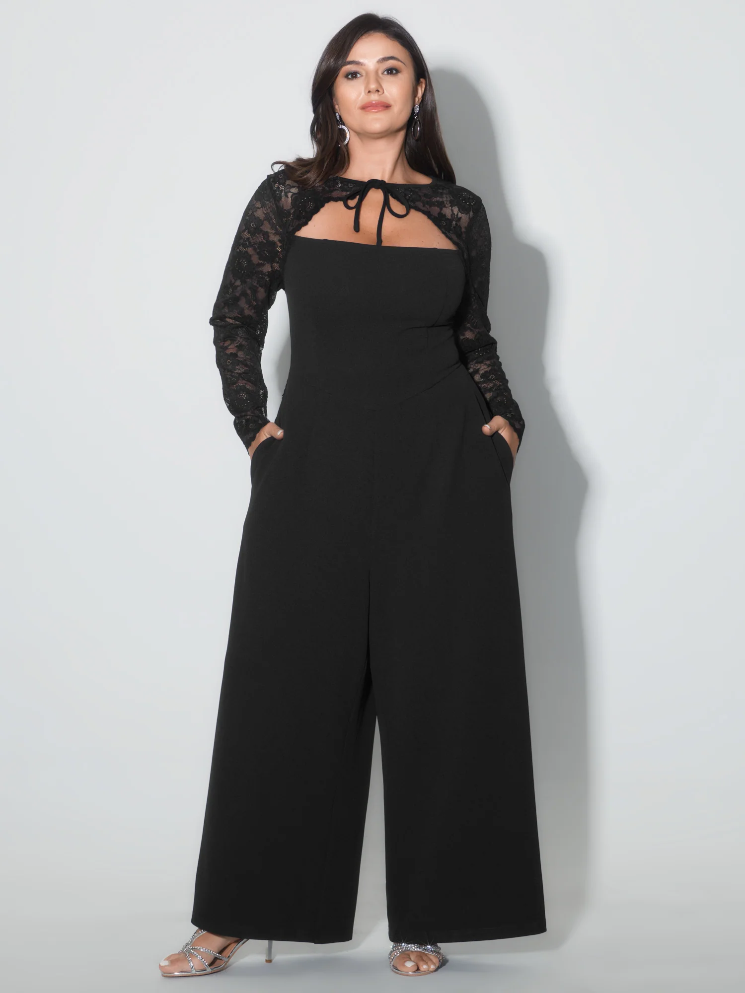 Sheer Lace Sleeve Cut-Out Neckline Jumpsuit - Image 3