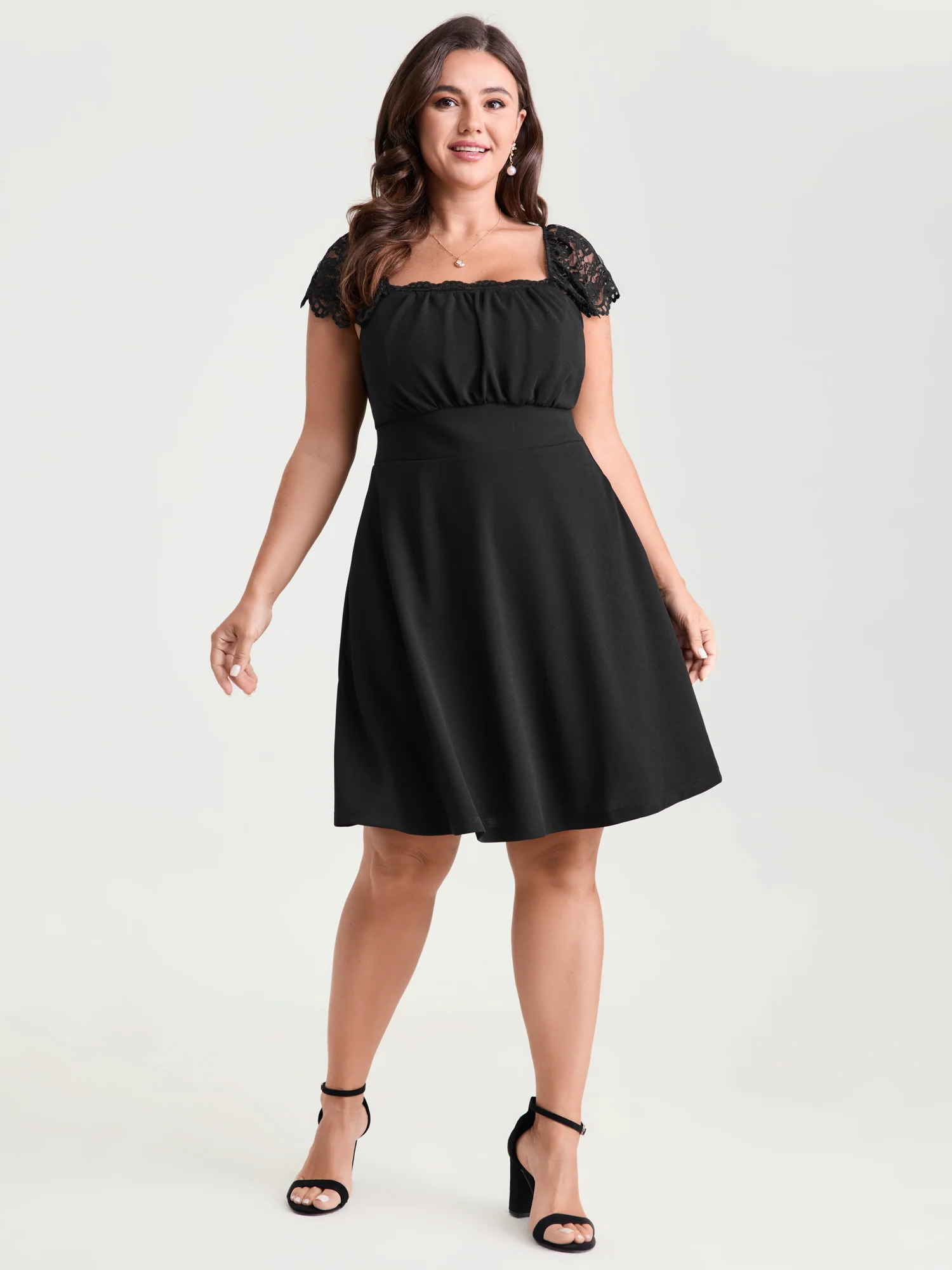 Sheer Lace Sleeve Gathered Cinched-Waist Mini Dress - Image 3
