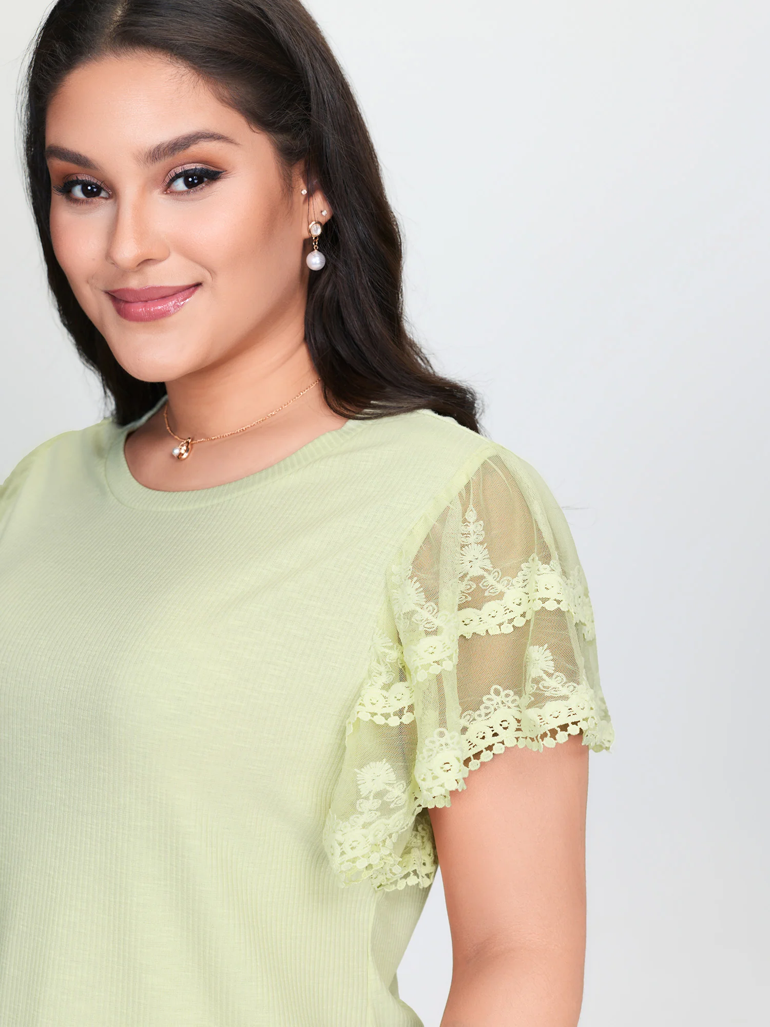 Sheer Lace Sleeve Plain T-Shirt - Image 2