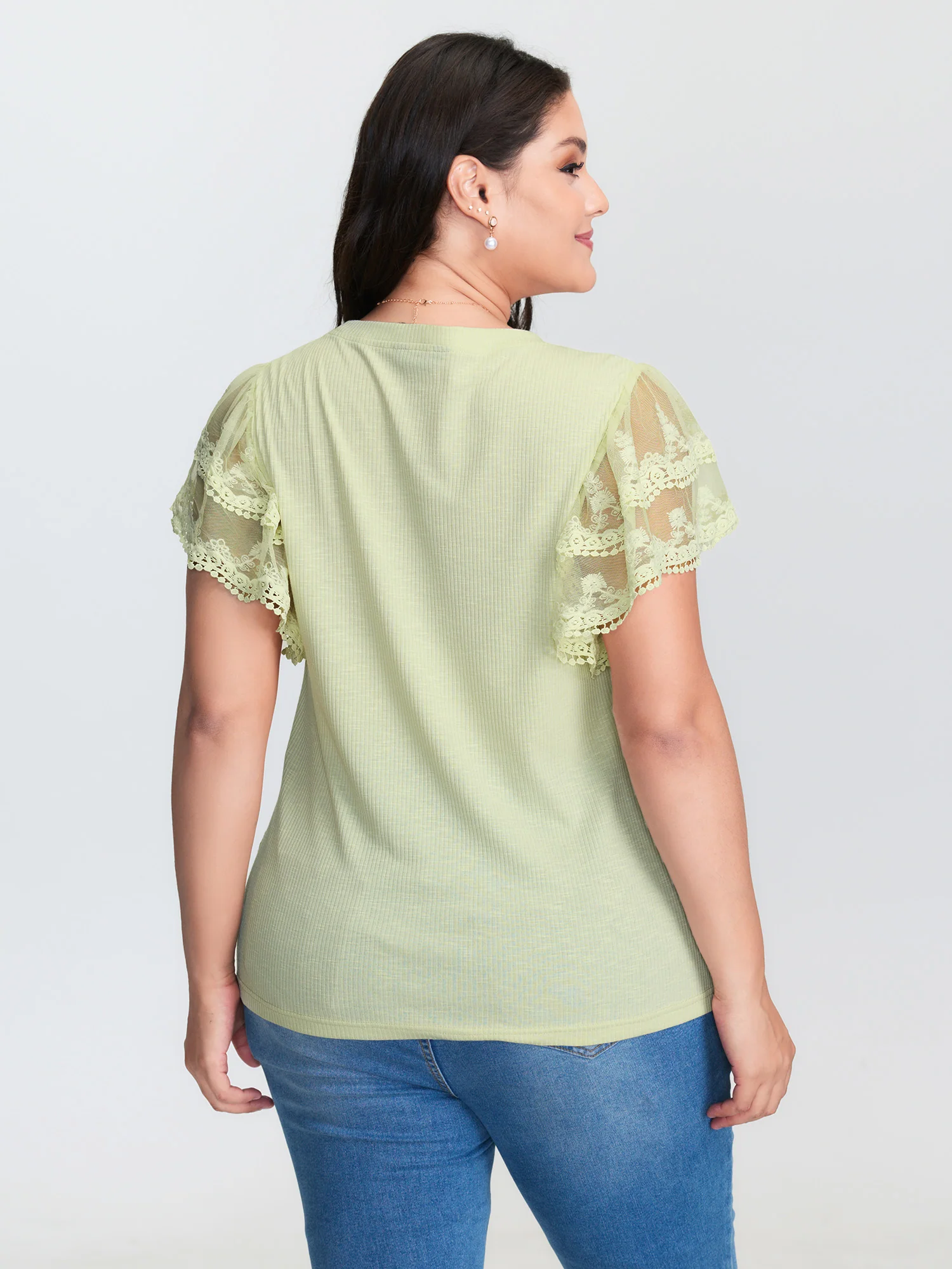 Sheer Lace Sleeve Plain T-Shirt - Image 4