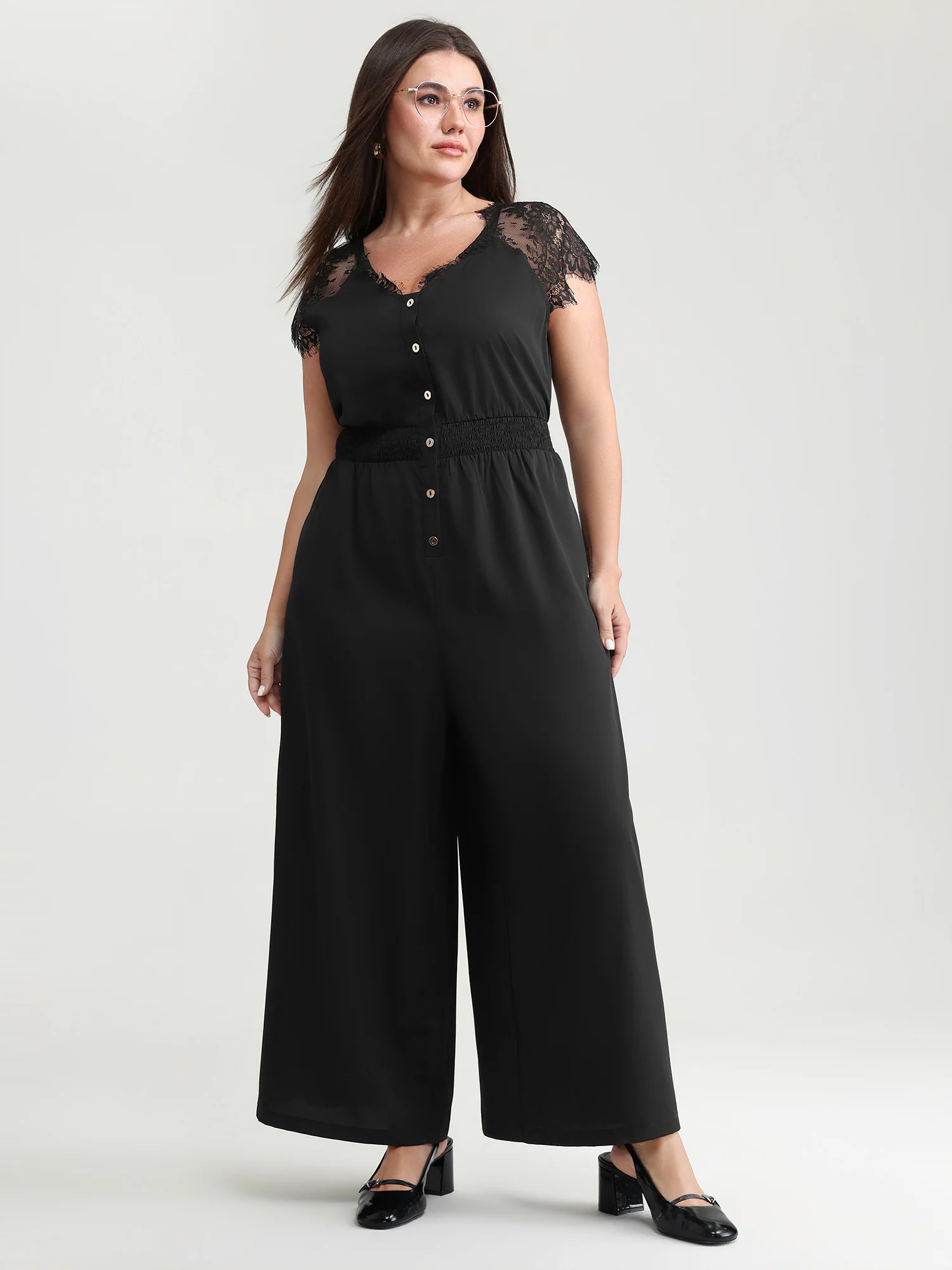 Sheer Lace Sleeve Pockets Jumpsuit