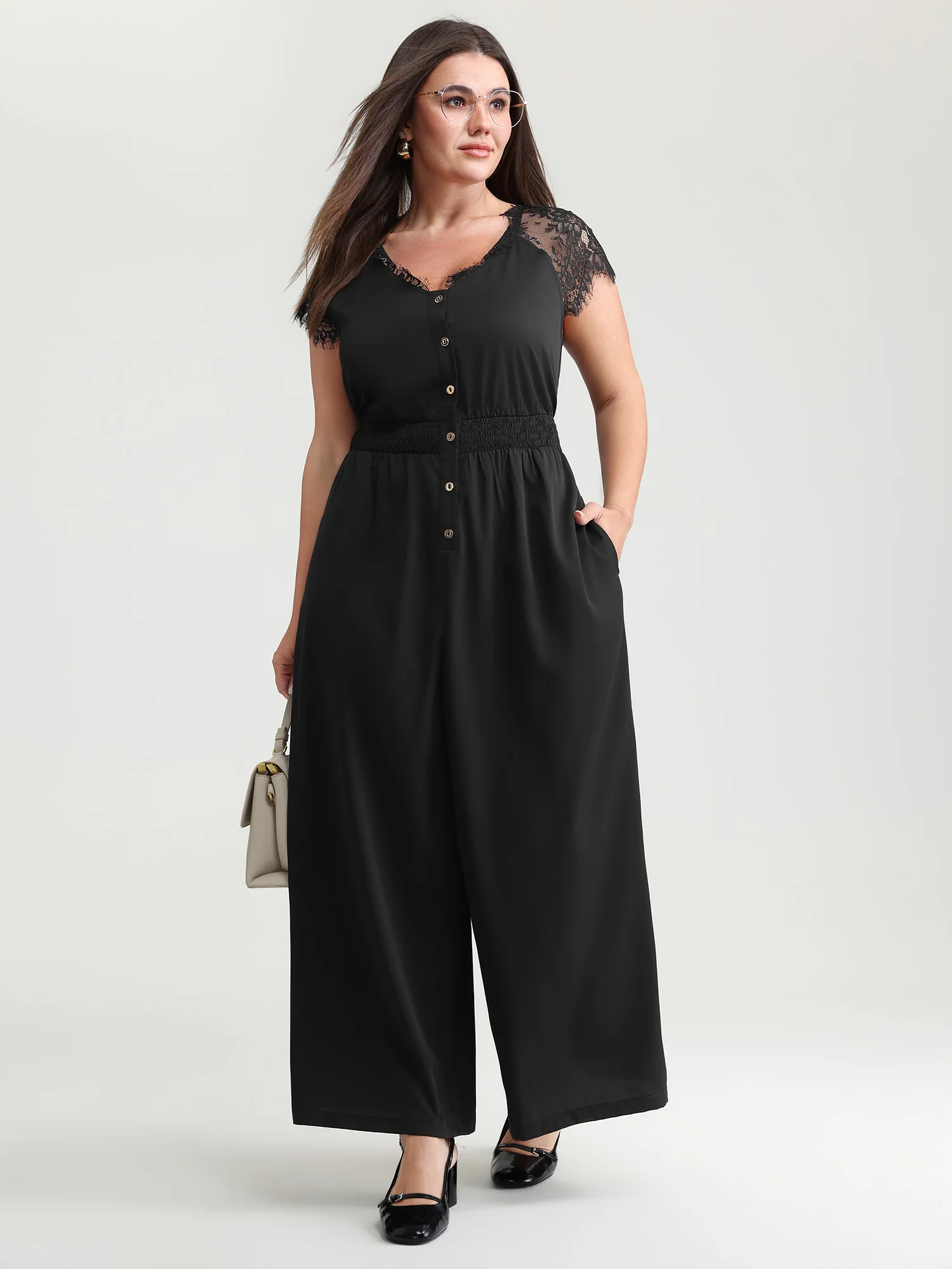 Sheer Lace Sleeve Pockets Jumpsuit - Image 3