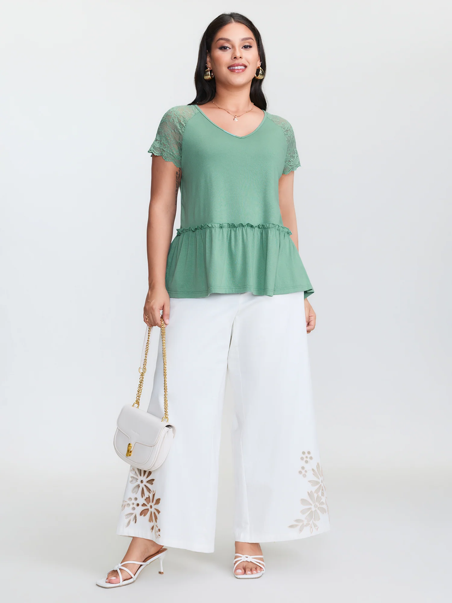 Sheer Lace Sleeve Ruffled Hem T-Shirt - Image 3