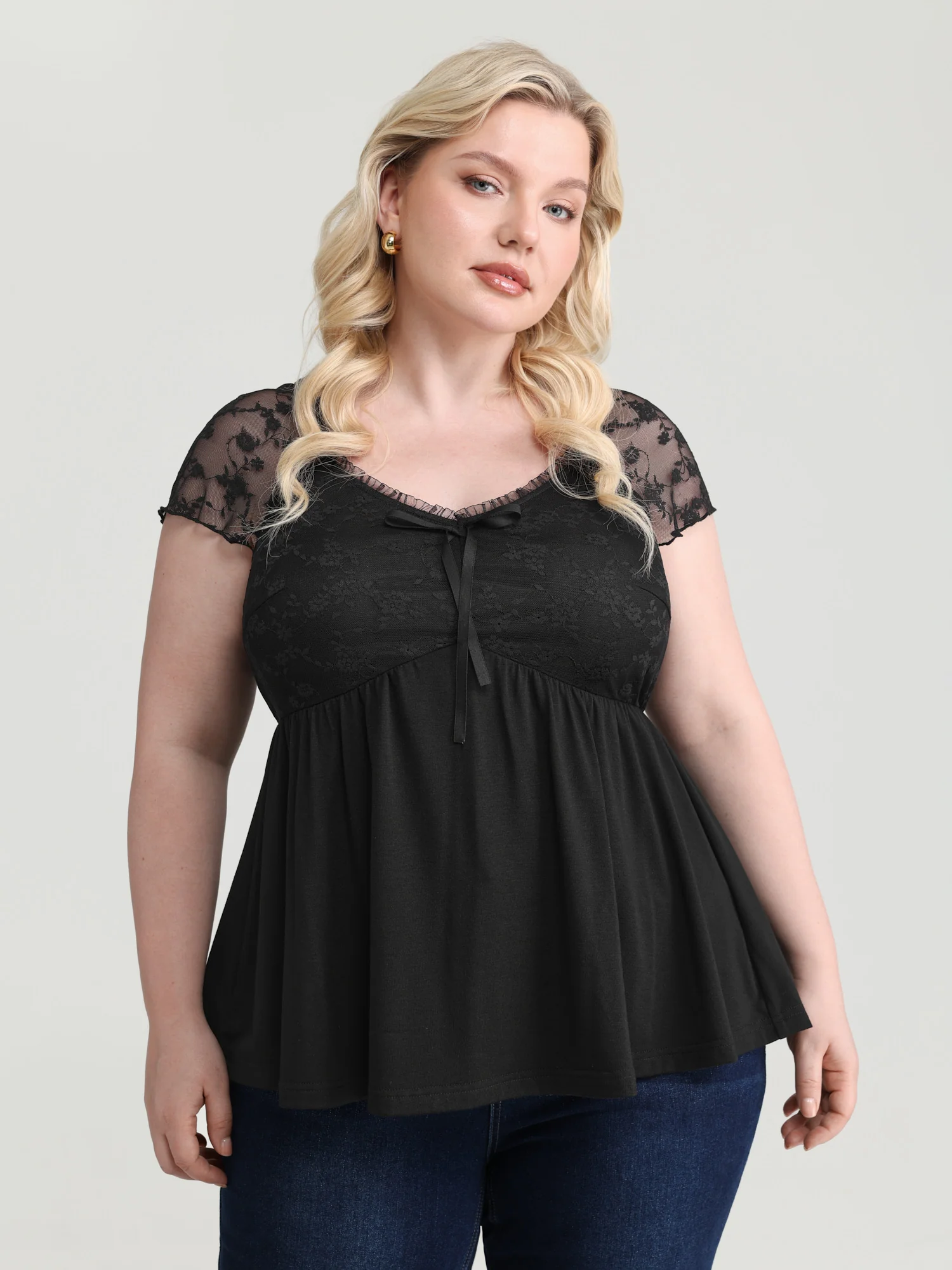 Sheer Lace Sleeve Stretchy Knit Top - Image 2