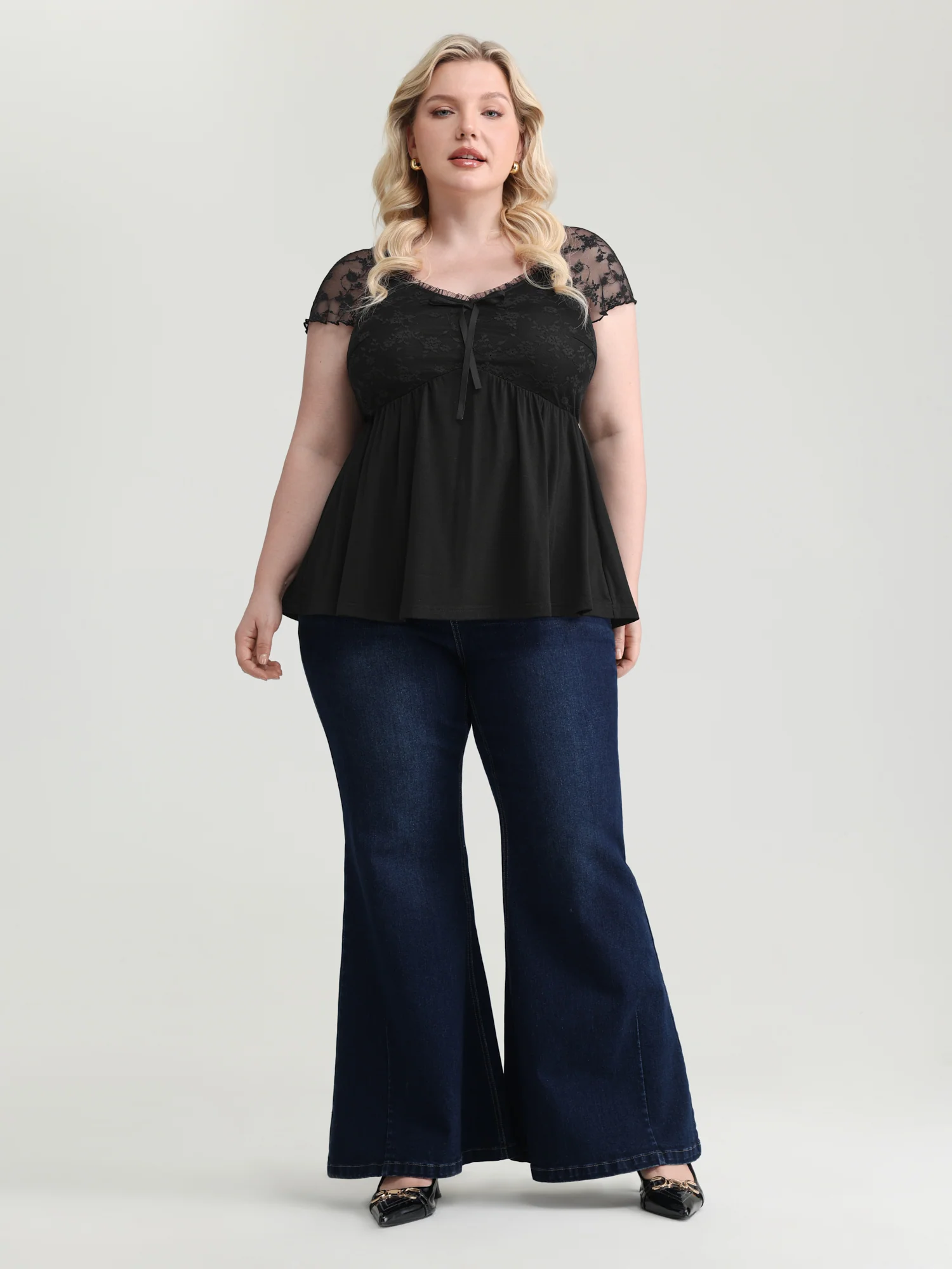 Sheer Lace Sleeve Stretchy Knit Top - Image 3