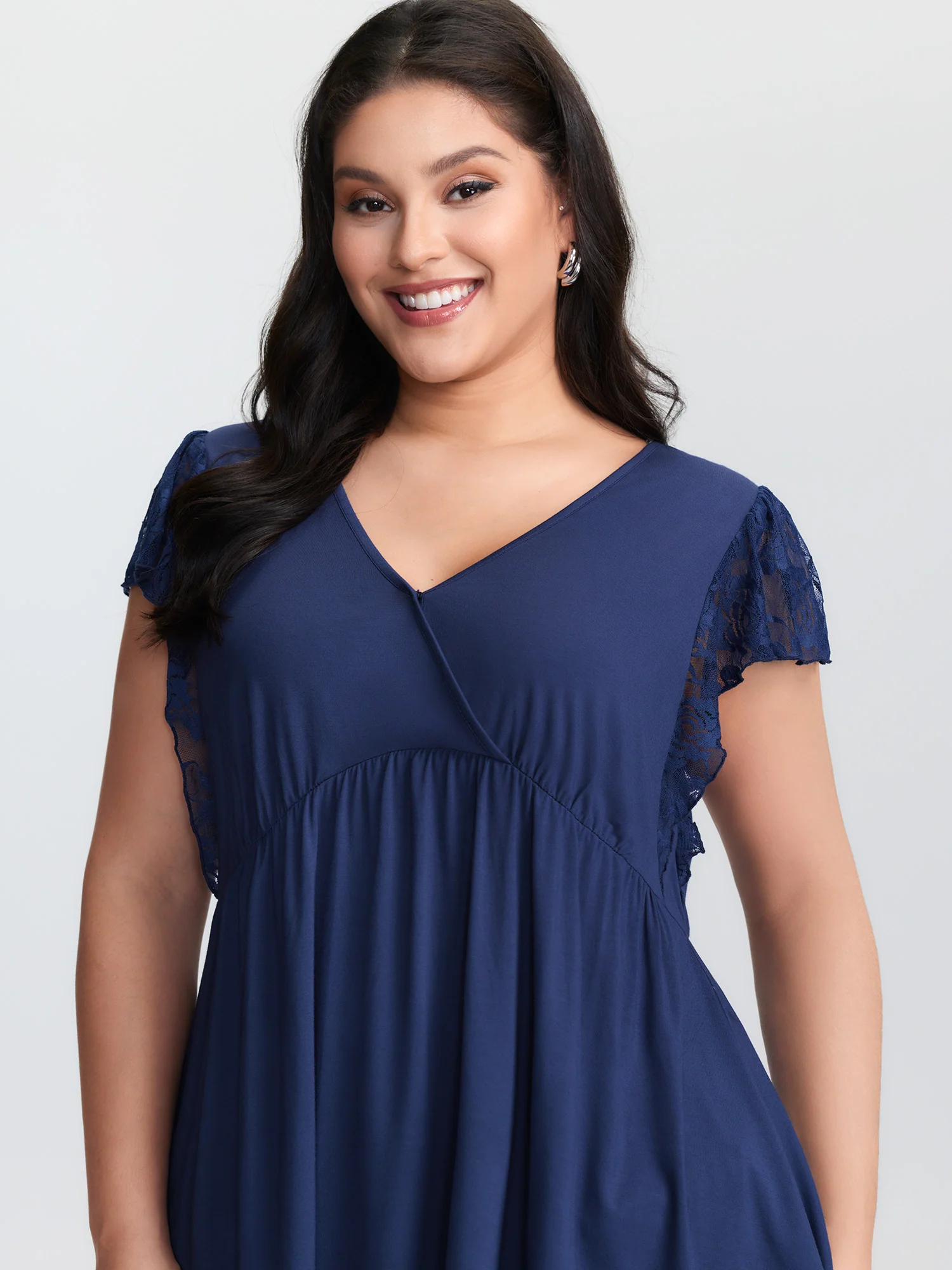 Sheer Lace Sleeve V-Neck Top - Image 2