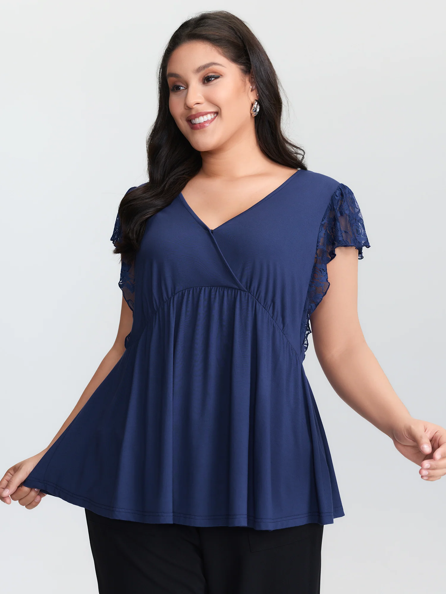 Sheer Lace Sleeve V-Neck Top - Image 3