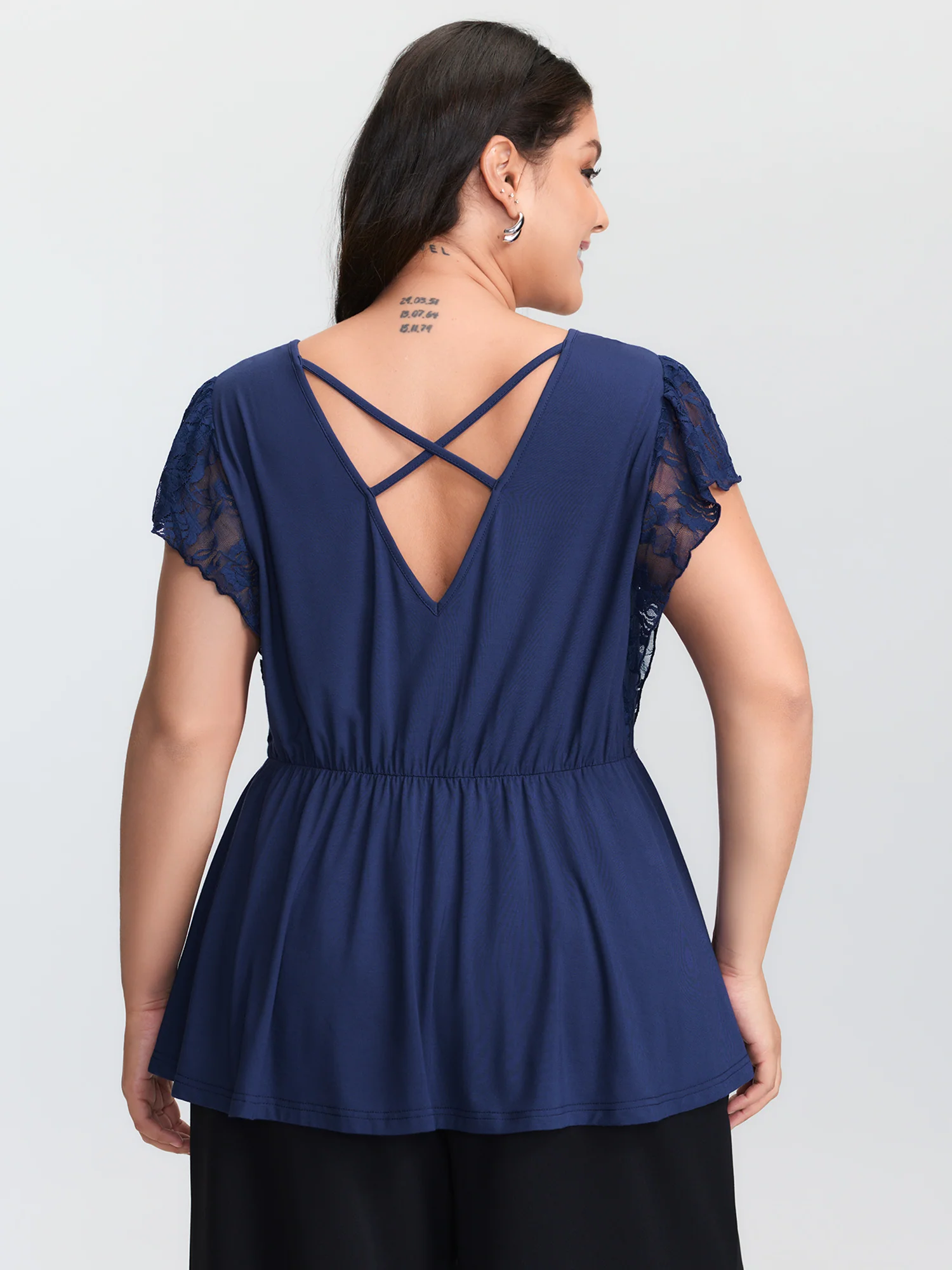 Sheer Lace Sleeve V-Neck Top - Image 4