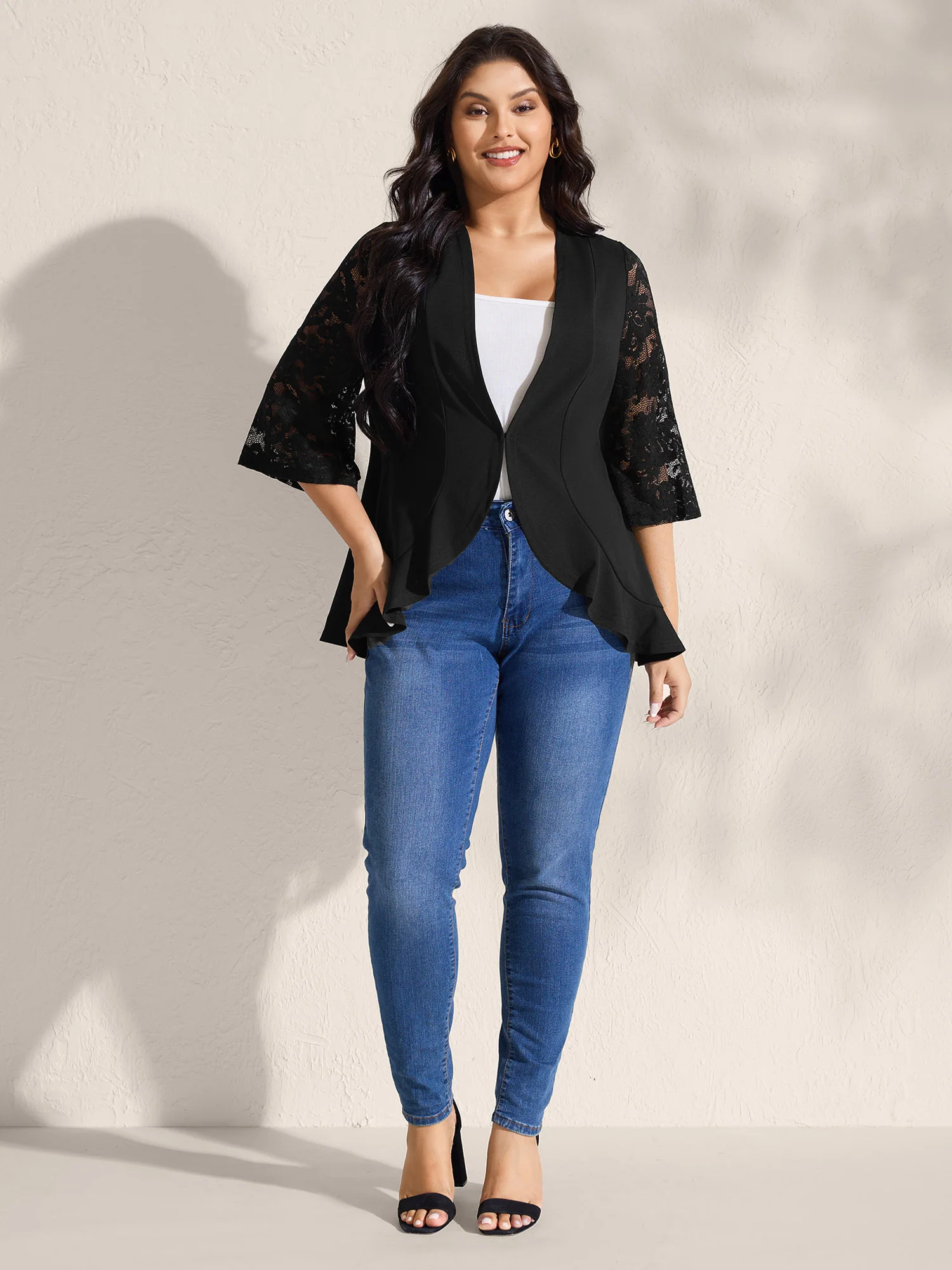 Sheer Lace Stretchy Arc Hem Kimono - Image 3