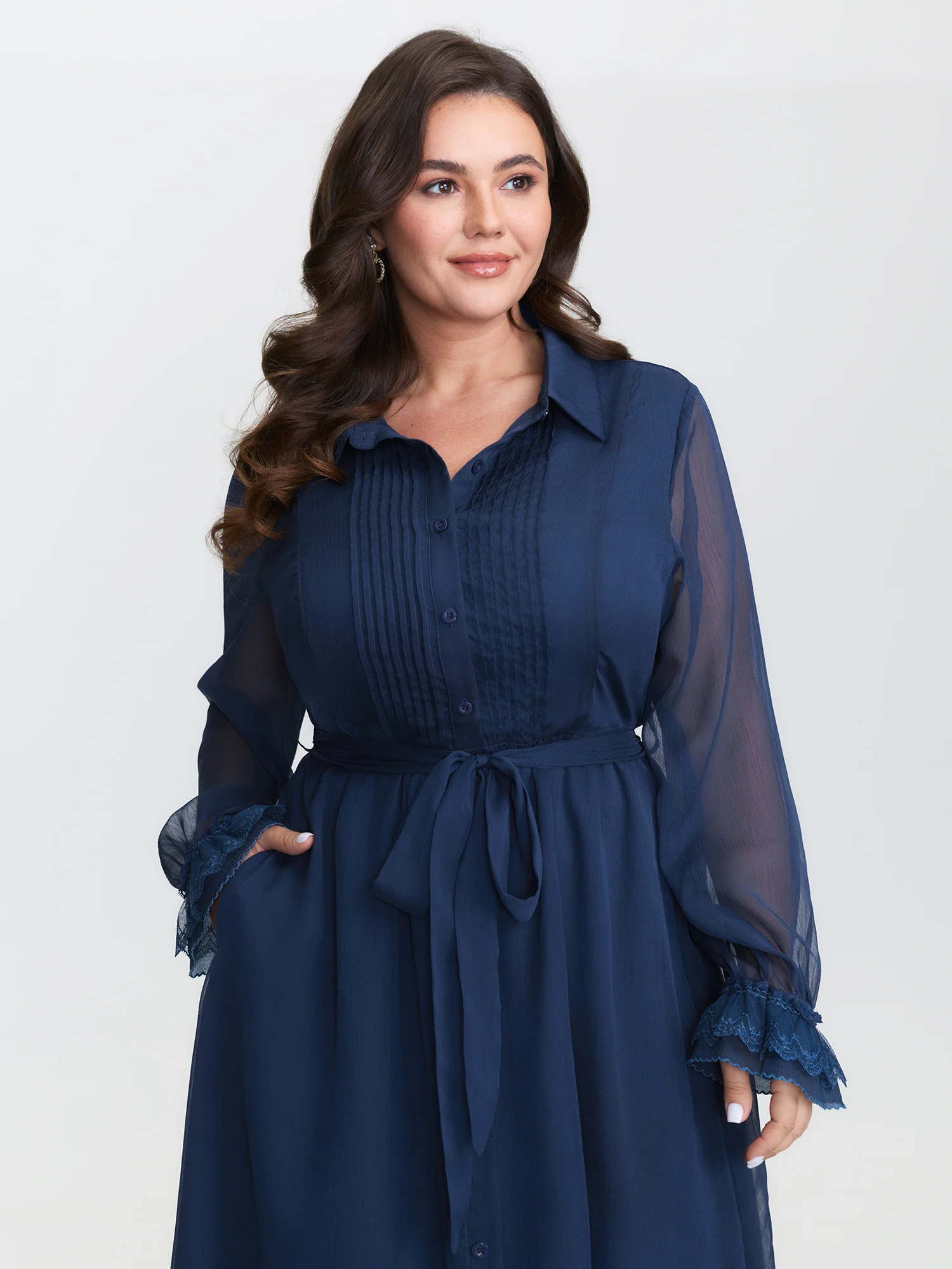 Sheer Lace Trim Belted Midi Dress - Image 2