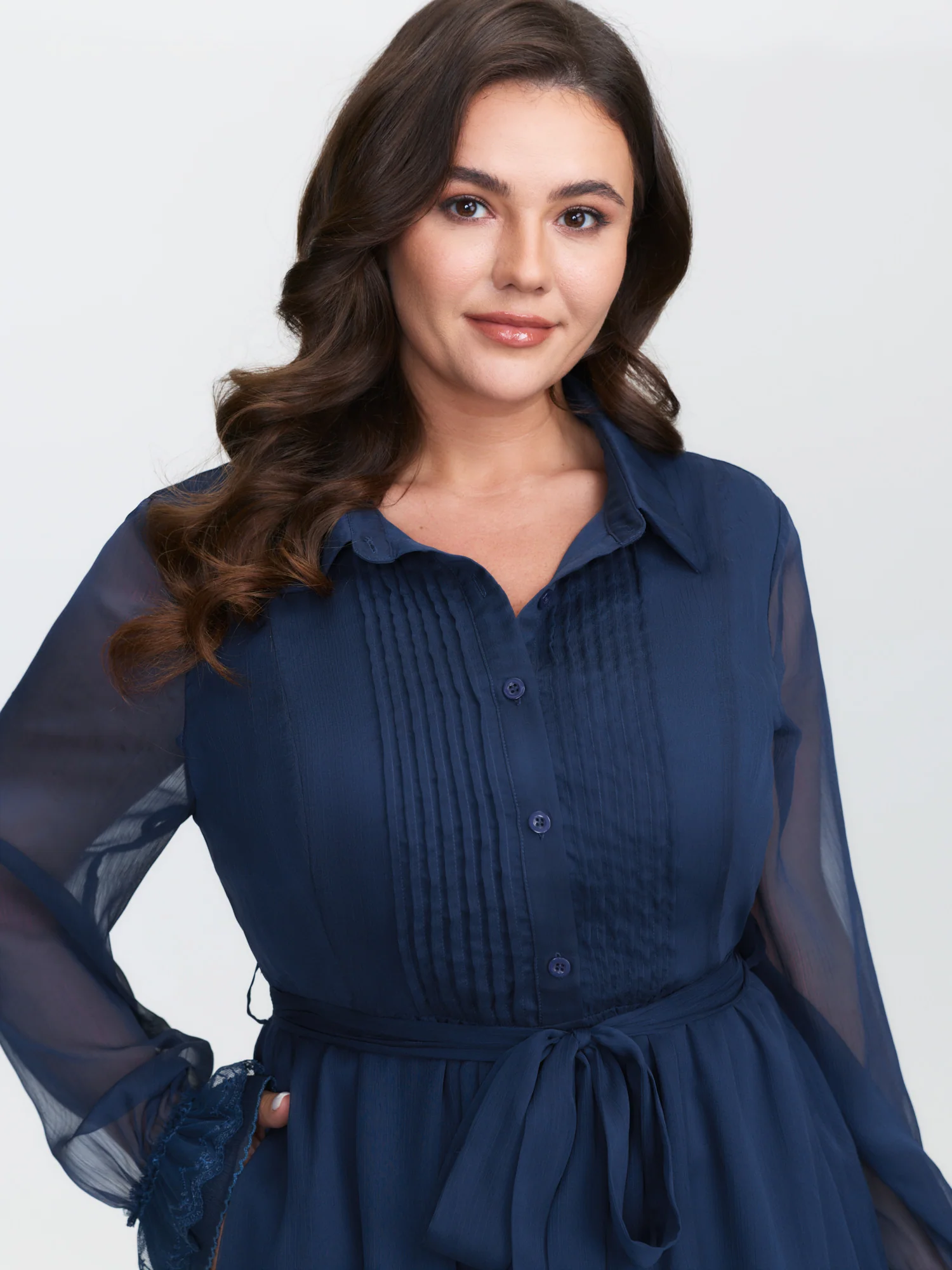 Sheer Lace Trim Belted Midi Dress - Image 3