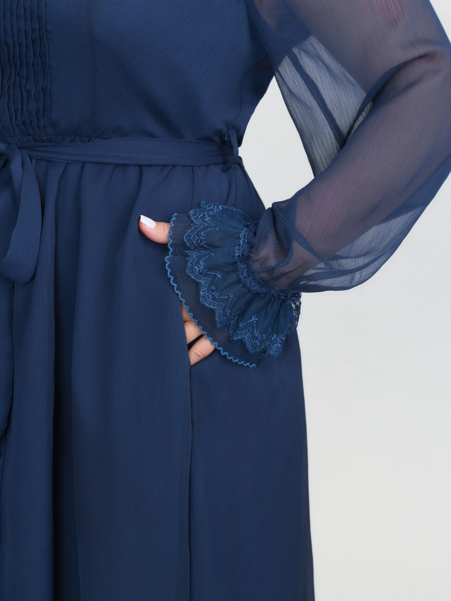 Sheer Lace Trim Belted Midi Dress - Image 4