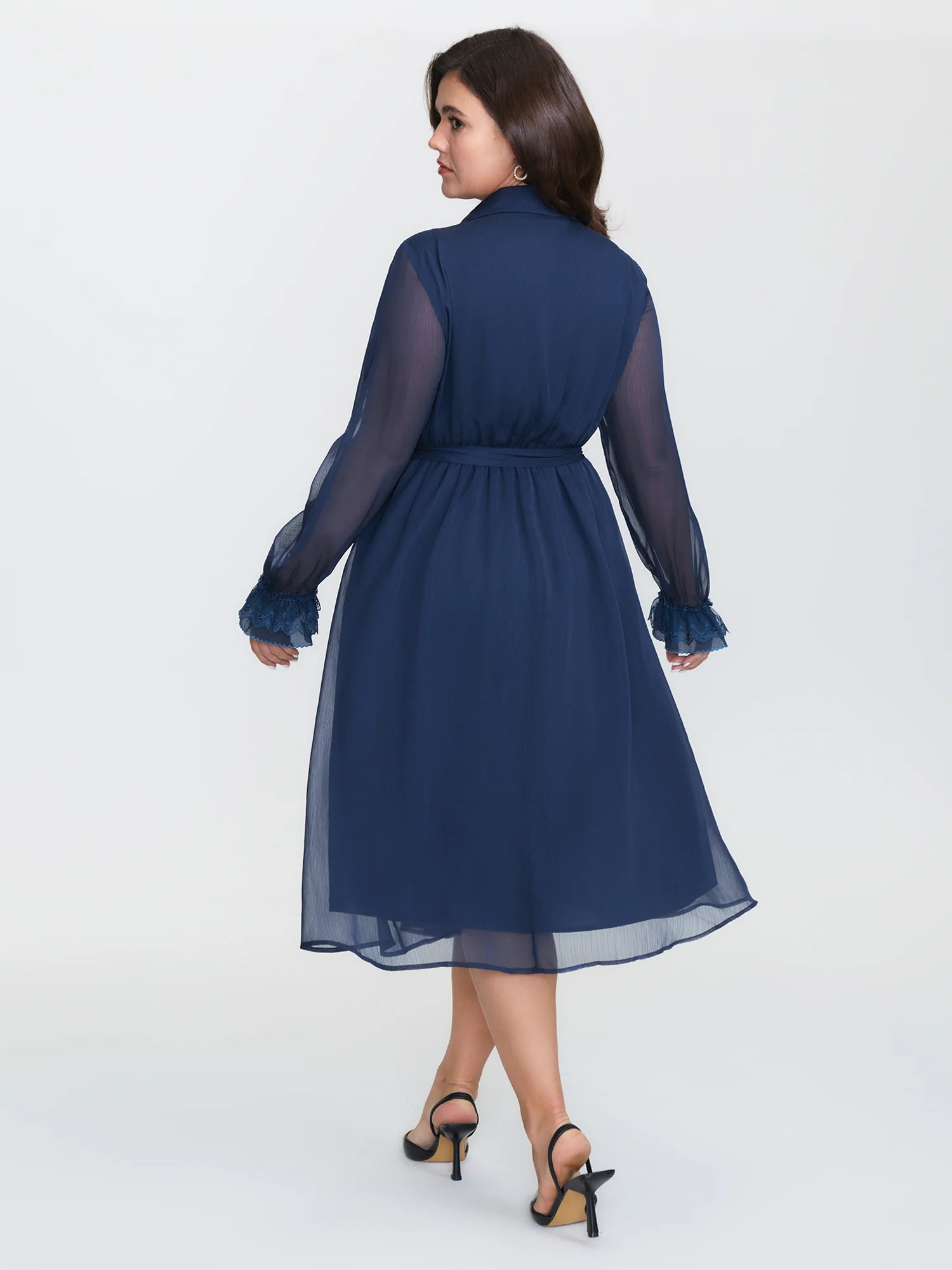 Sheer Lace Trim Belted Midi Dress - Image 5