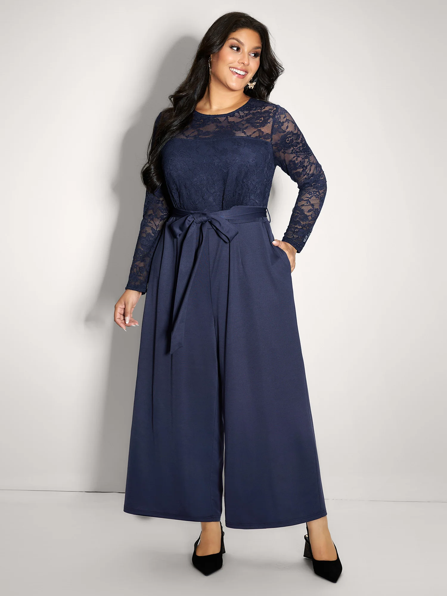Sheer Lace Trim Belted Pockets Jumpsuit - Image 3