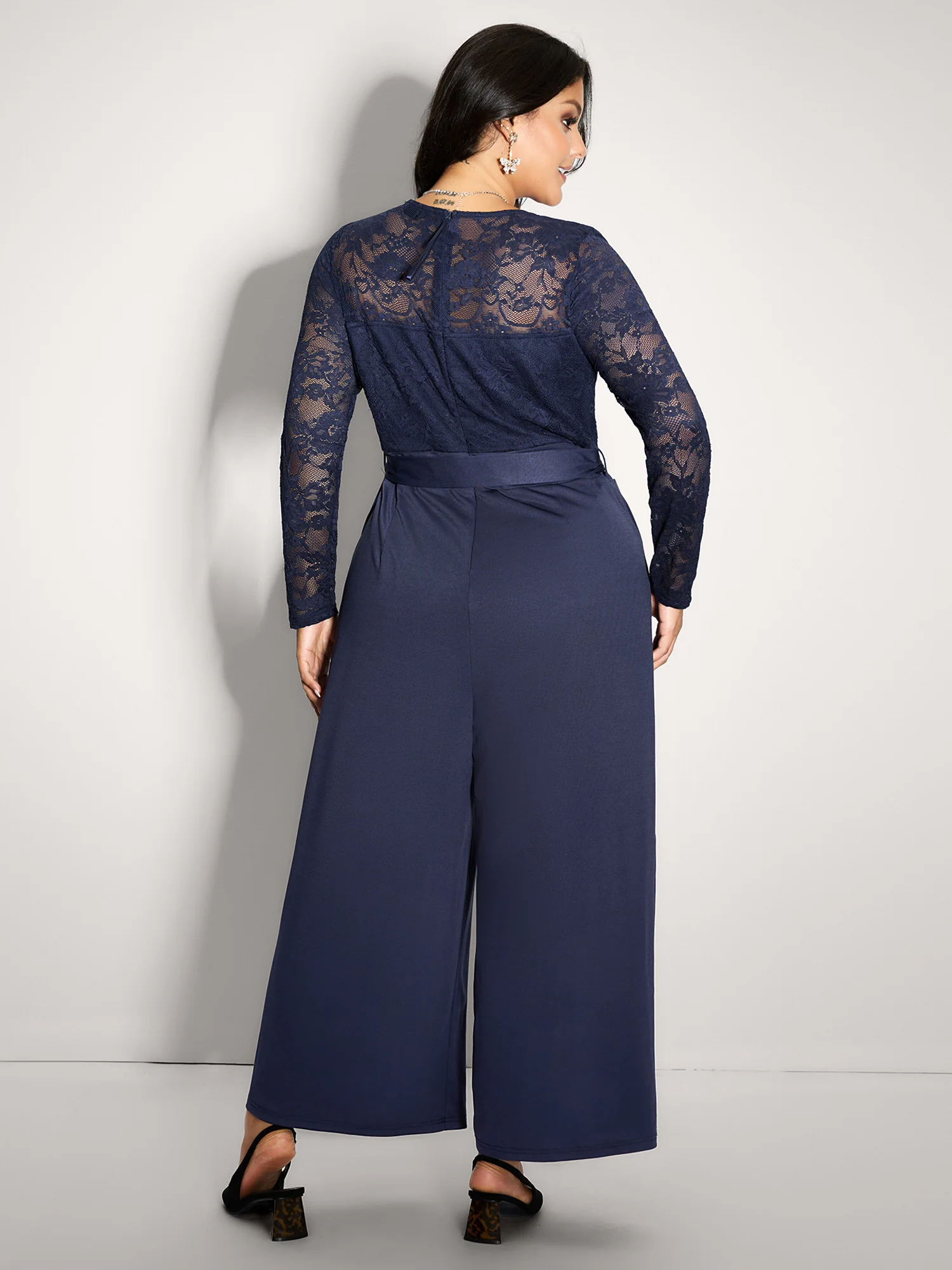Sheer Lace Trim Belted Pockets Jumpsuit - Image 4