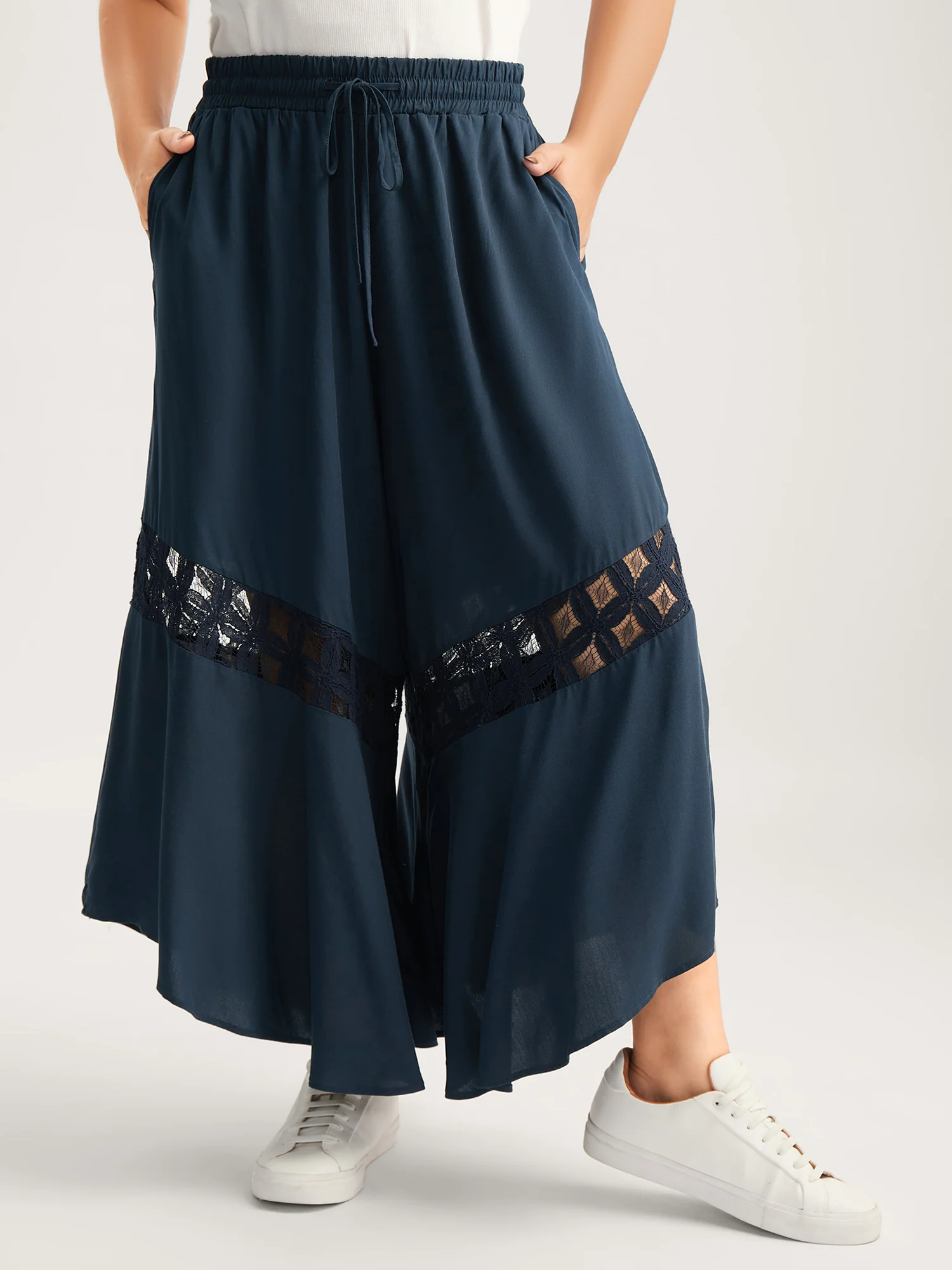 Sheer Lace Trim Flared Drawstring Pants - Image 2
