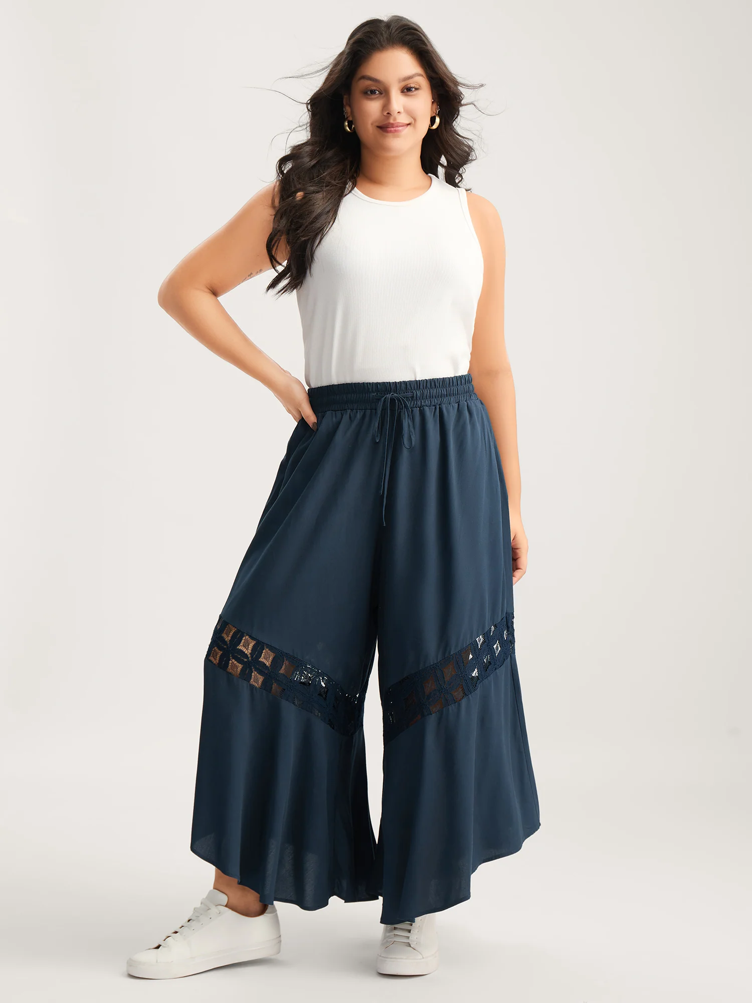 Sheer Lace Trim Flared Drawstring Pants - Image 4
