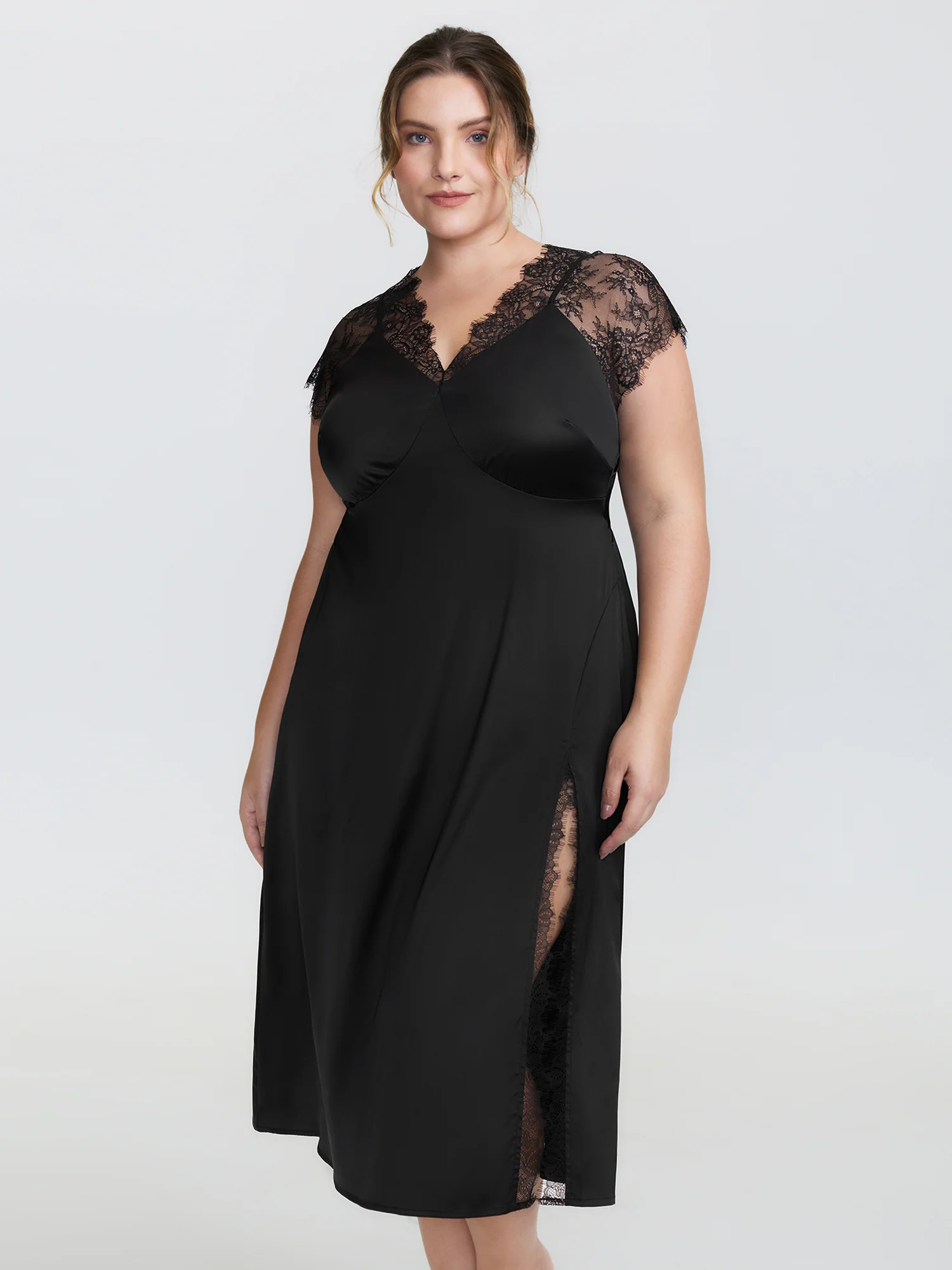 Sheer Lace Sleeve High Slit Nightgown - Image 3