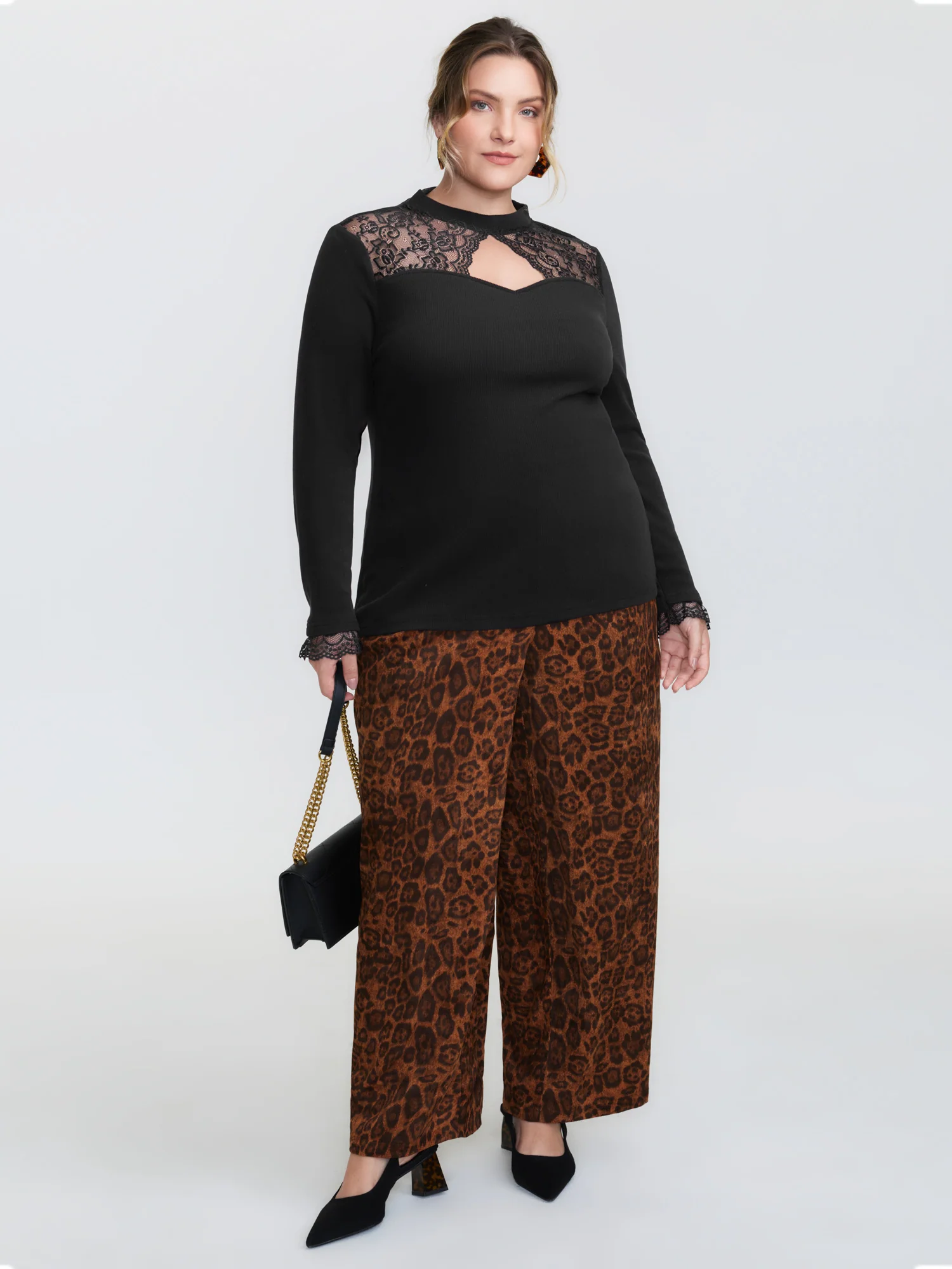 Sheer Lace Trim Mock Neck Ribbed T-Shirt - Image 2
