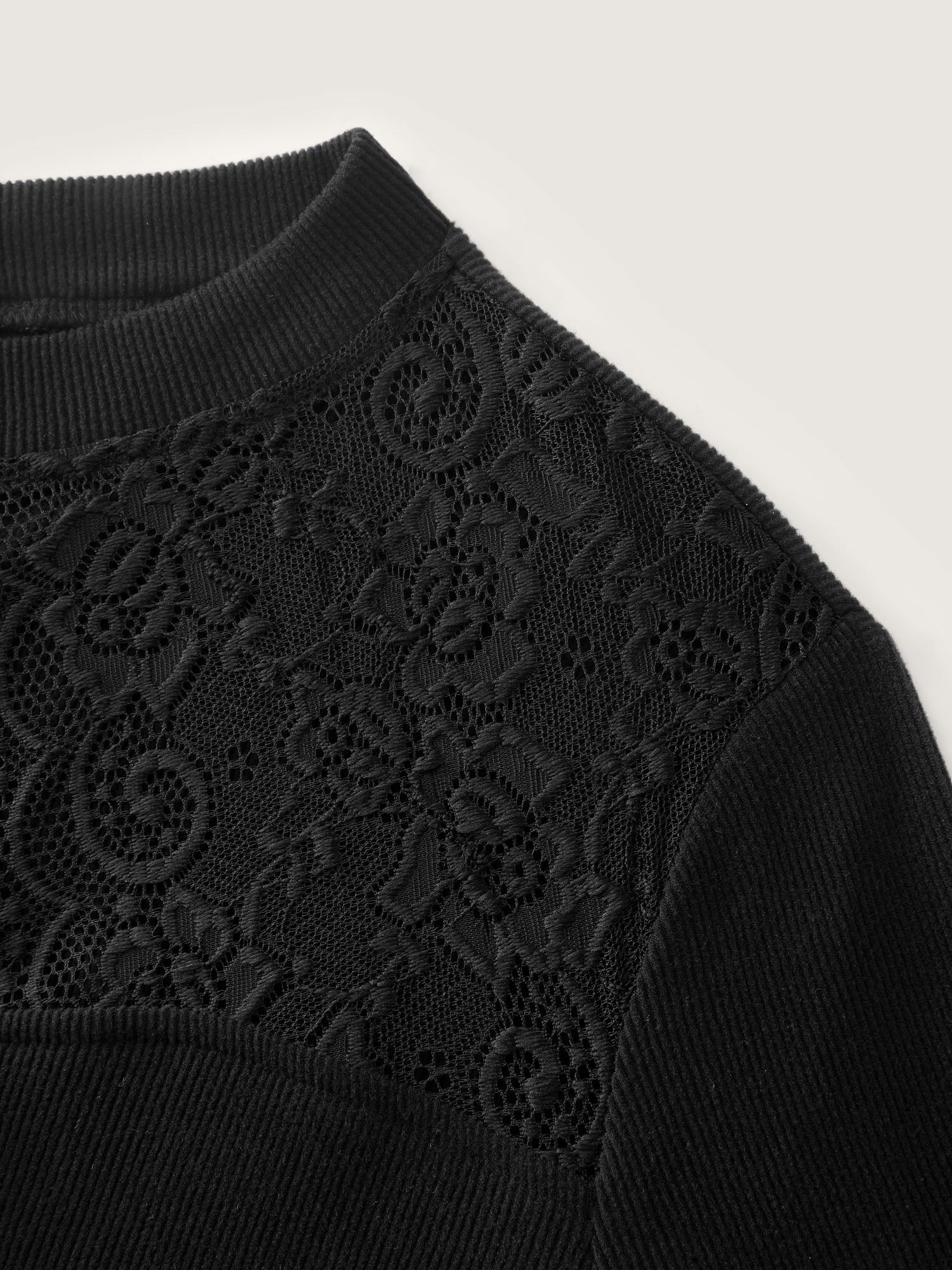 Sheer Lace Trim Mock Neck Ribbed T-Shirt - Image 6