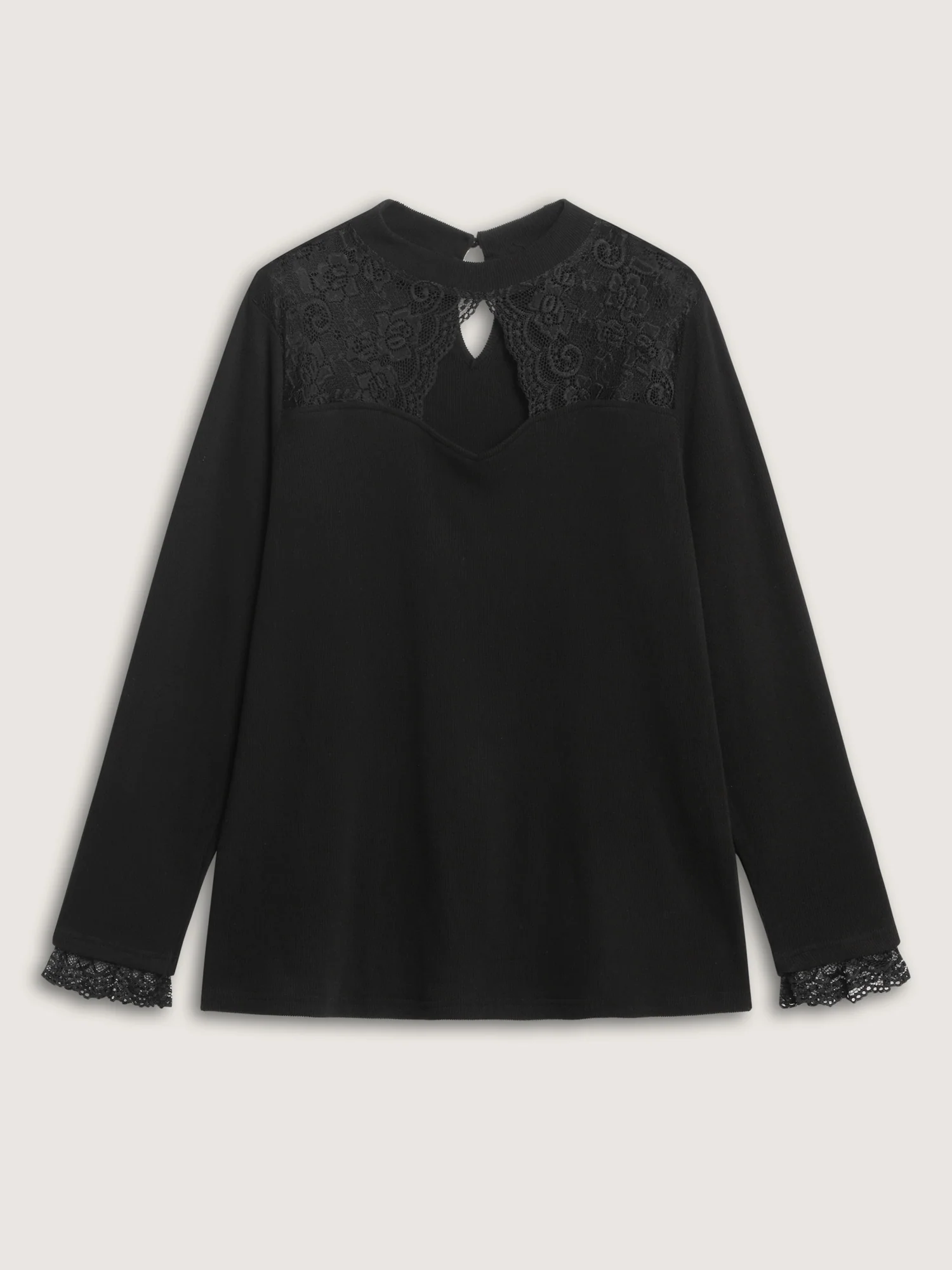Sheer Lace Trim Mock Neck Ribbed T-Shirt - Image 7
