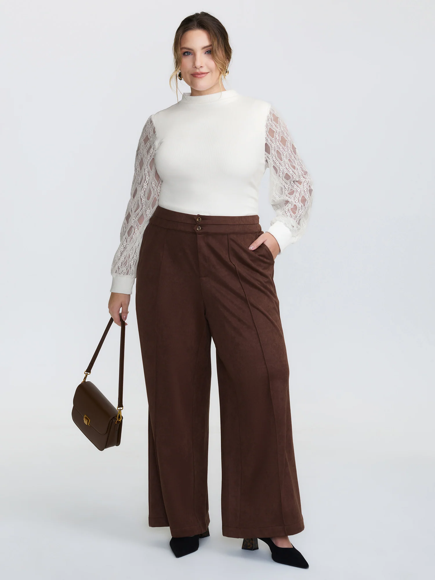 Sheer Lace Trim Mockneck Knit Top - Image 3