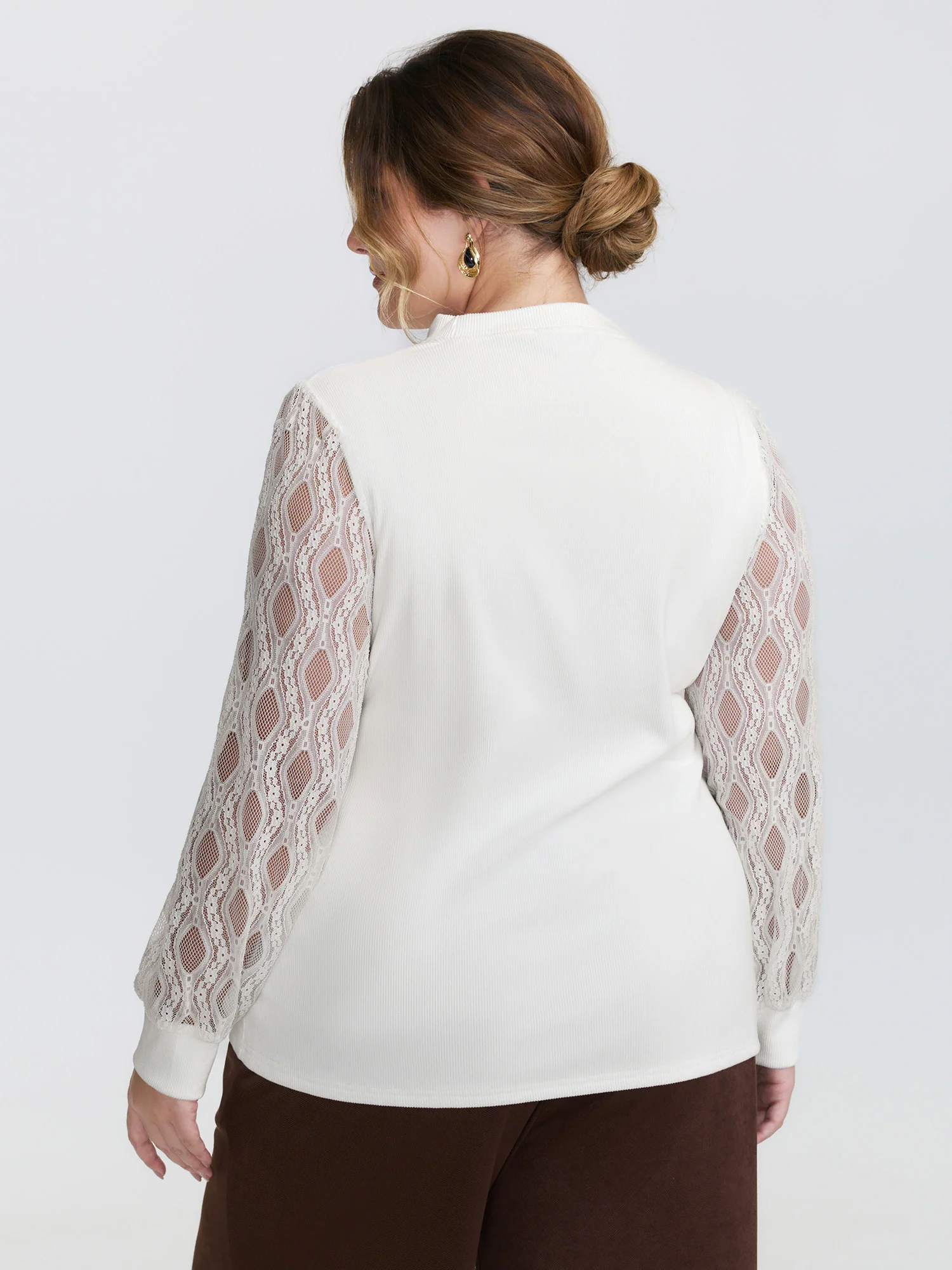Sheer Lace Trim Mockneck Knit Top - Image 4