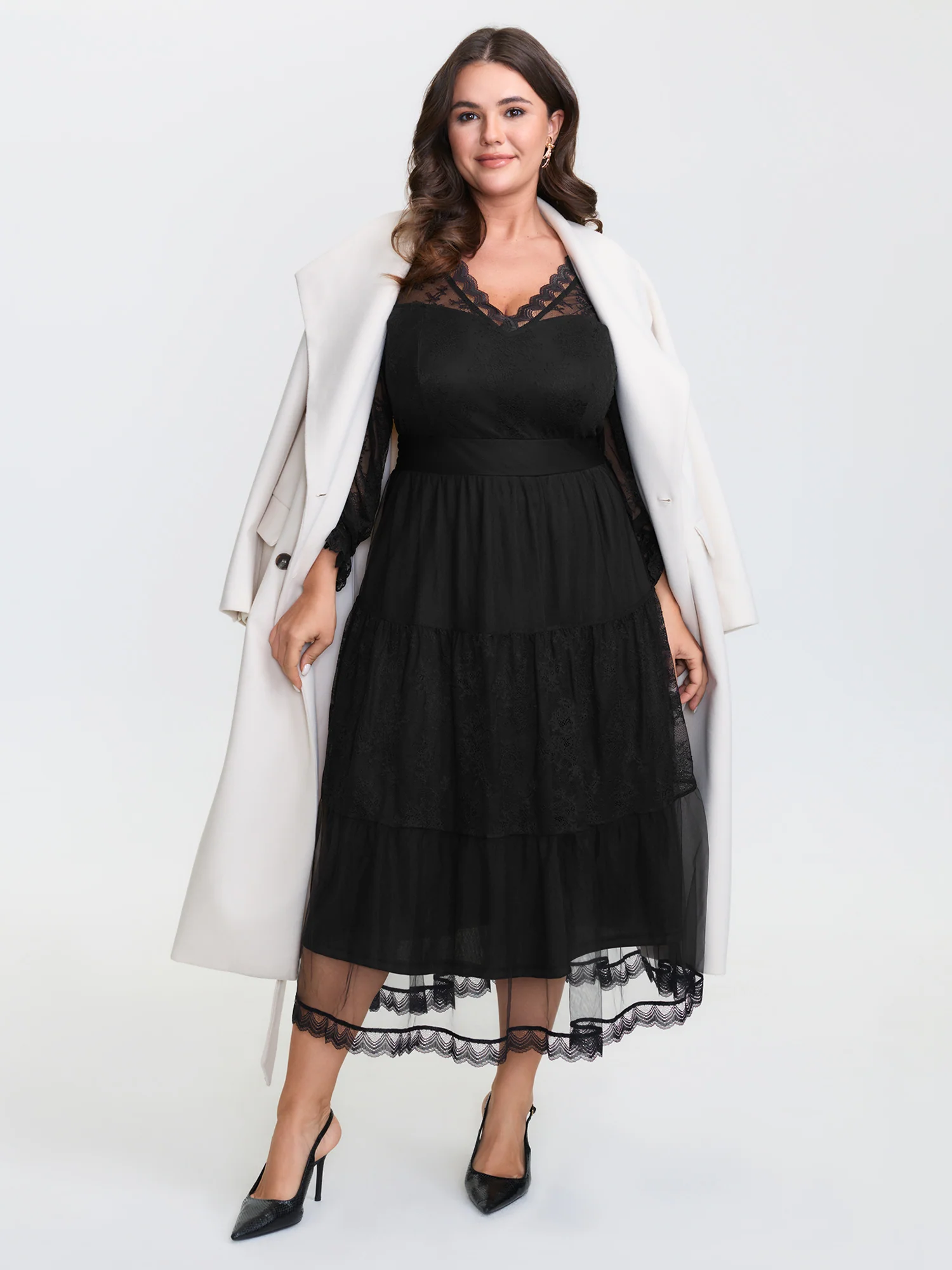 Sheer Lace Trim Stretchy Waist Midi Dress - Image 2