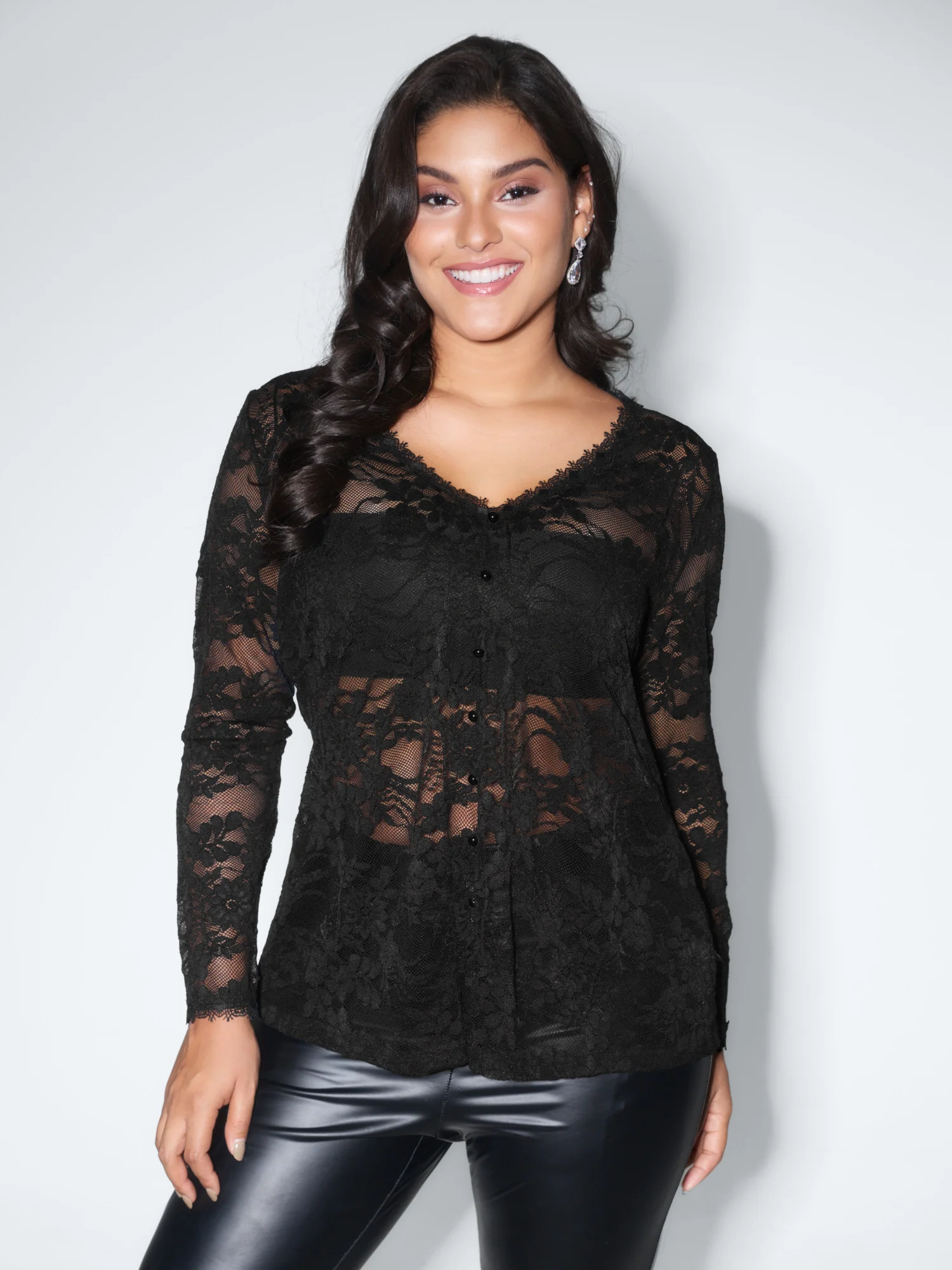 Sheer Lace Trim V-Neck Top - Image 2