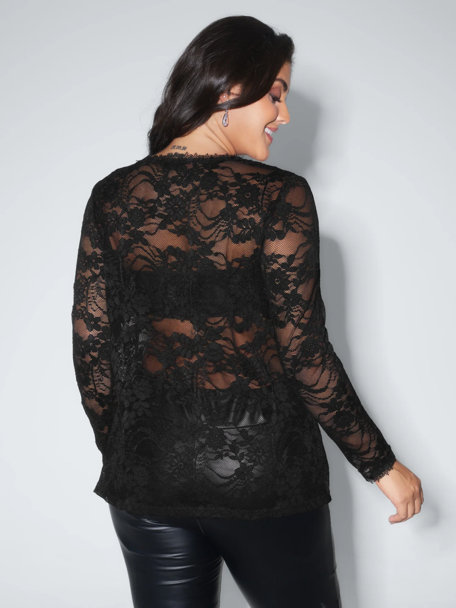 Sheer Lace Trim V-Neck Top - Image 4