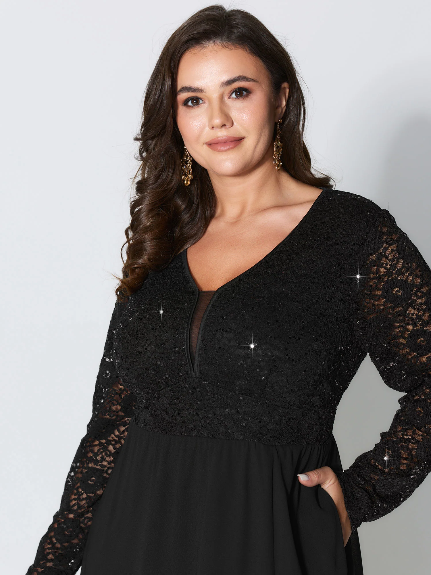 Sheer Lace V-Neck Shirred Waist Midi Dress - Image 2
