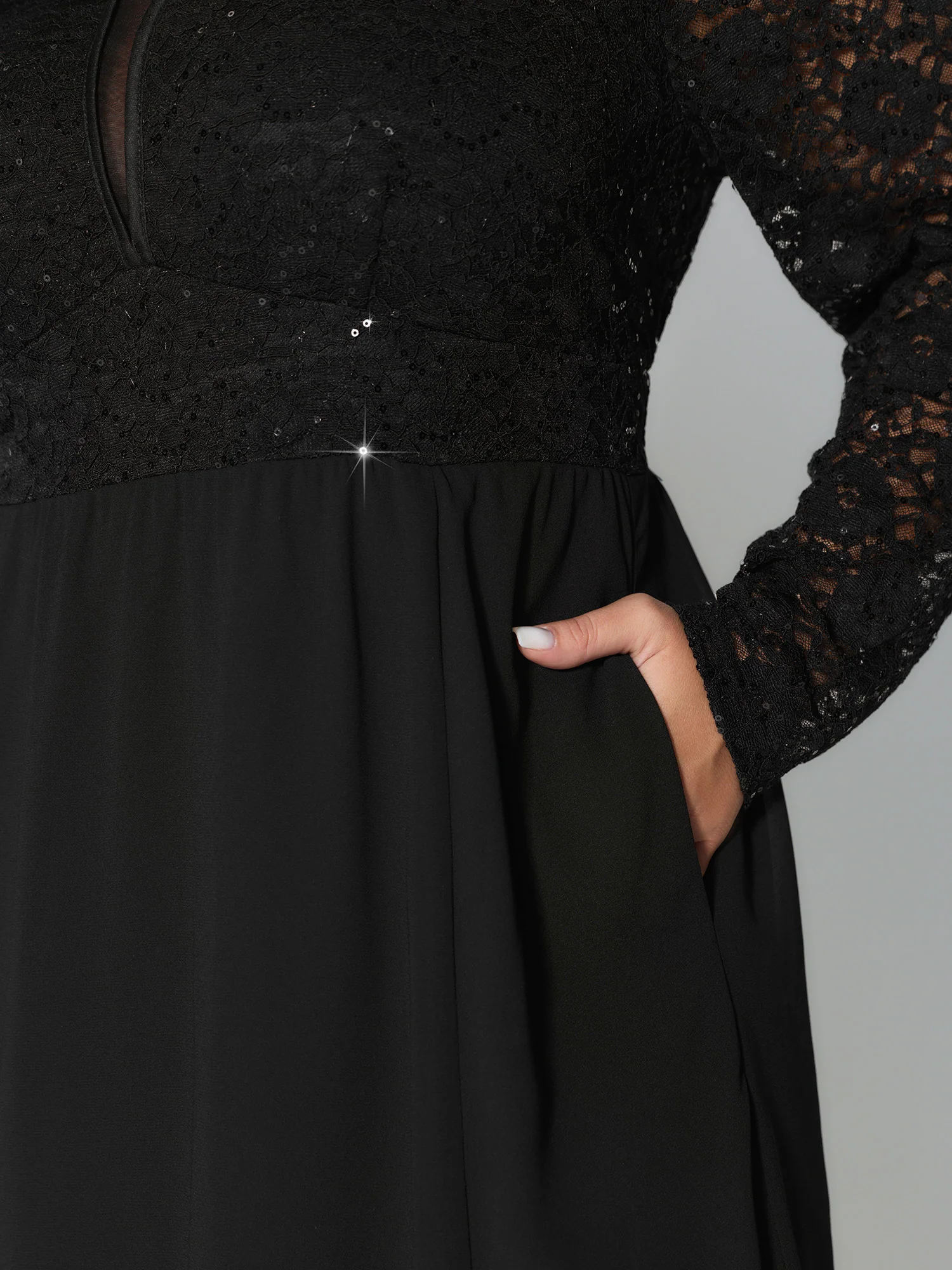 Sheer Lace V-Neck Shirred Waist Midi Dress - Image 3