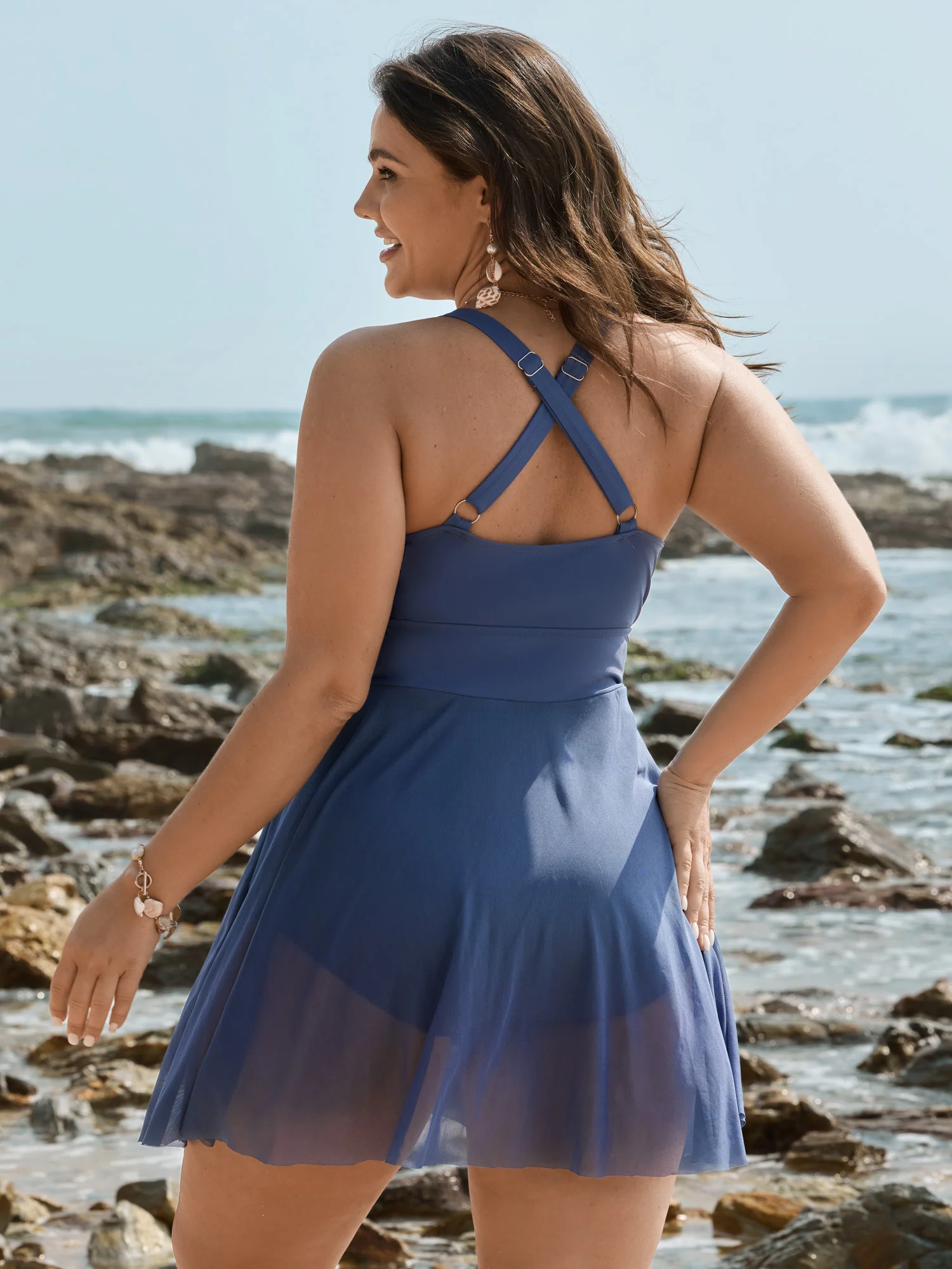 Sheer Layered Crossback Straps Swim Dress - Image 5