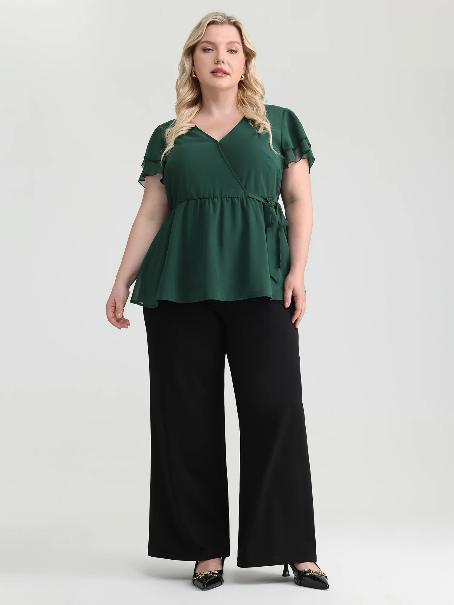 Sheer Layered Ruffled Sleeve Stretchy Waist Blouse - Image 3