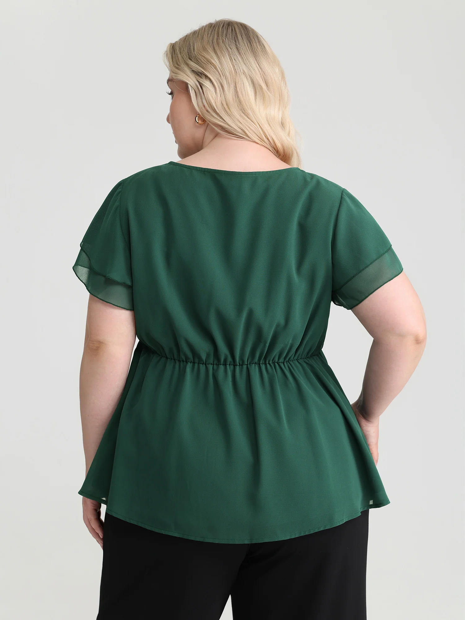 Sheer Layered Ruffled Sleeve Stretchy Waist Blouse - Image 4